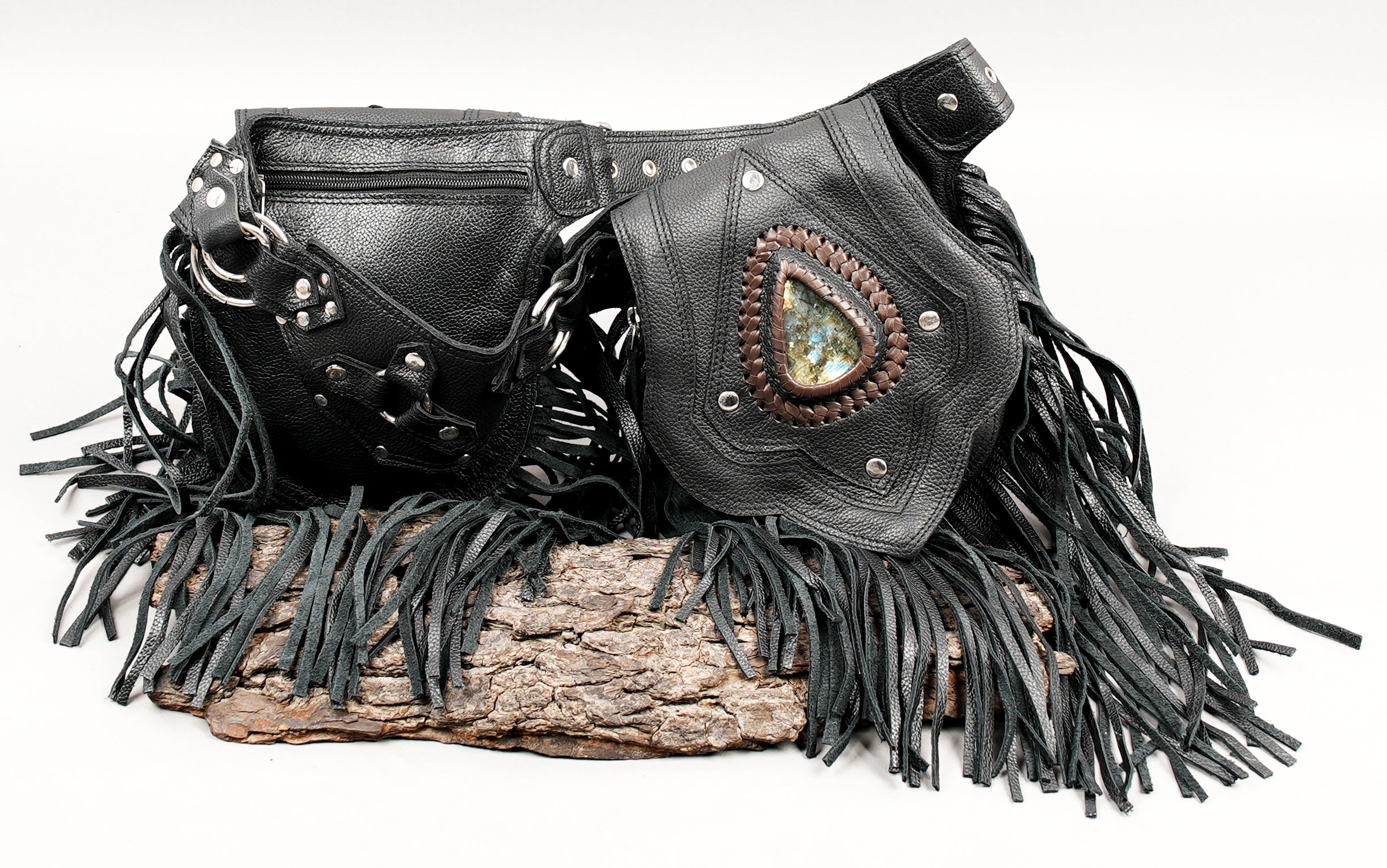 Leather waist belt bag with braided and studded accents