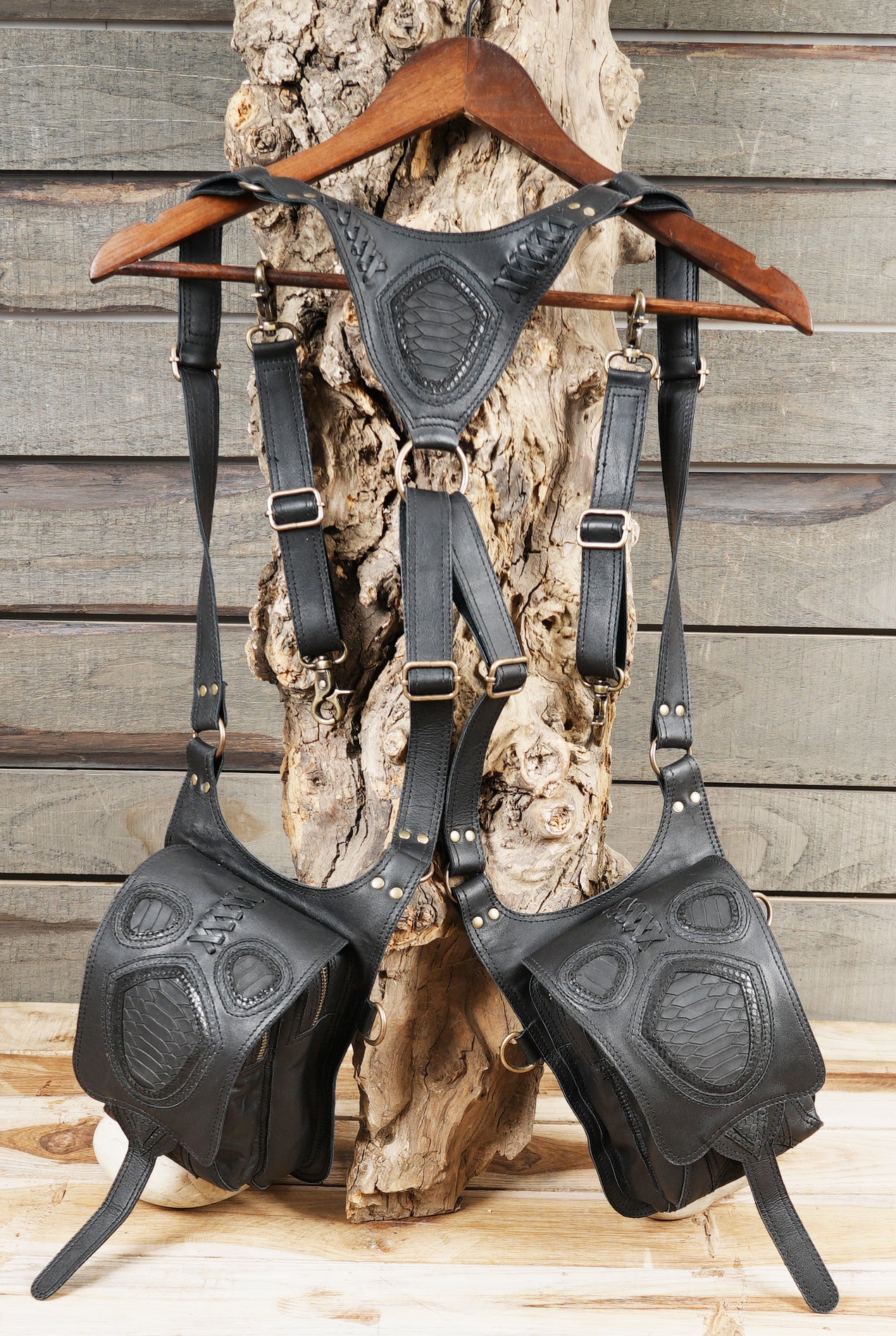 Festival ready leather harness holster for essentials