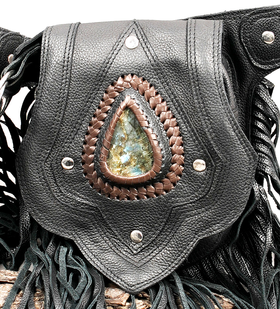 Adjustable leather waist belt with gemstone flap pockets