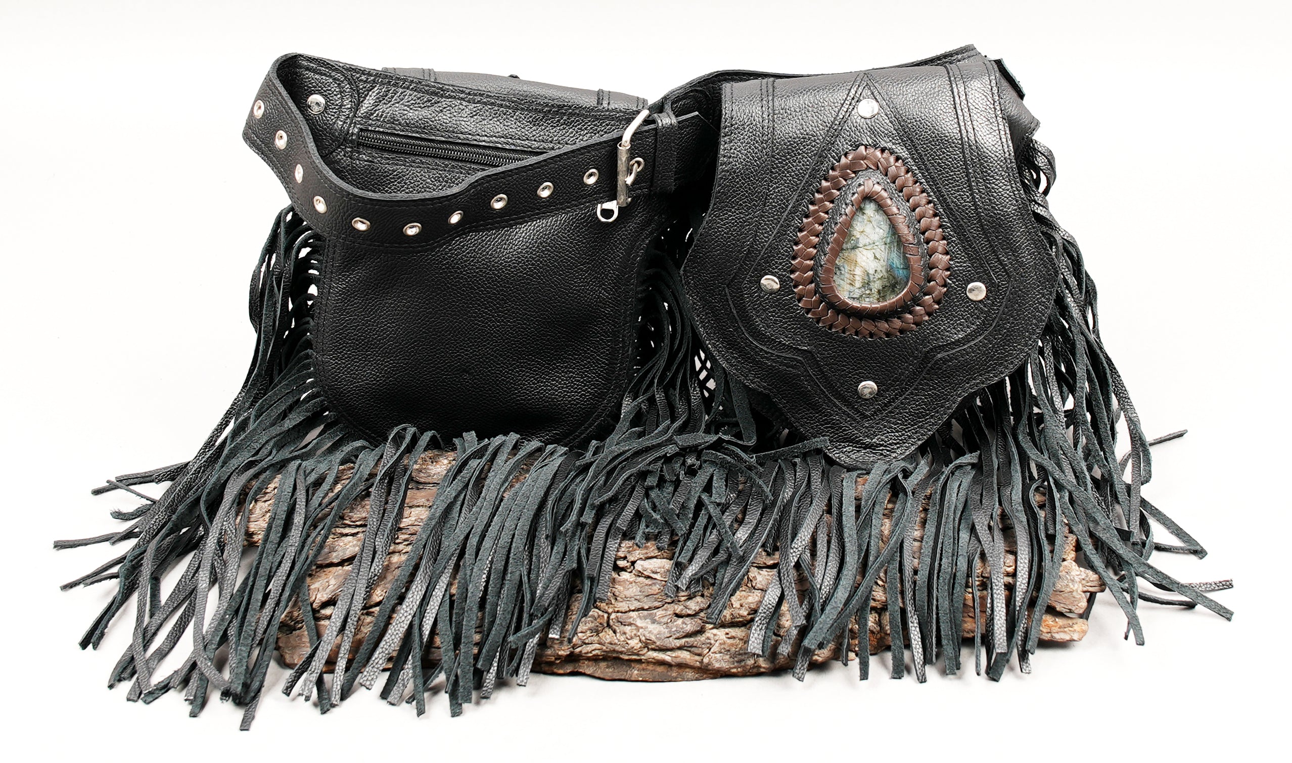 Unisex leather waist belt with fringe pouch design