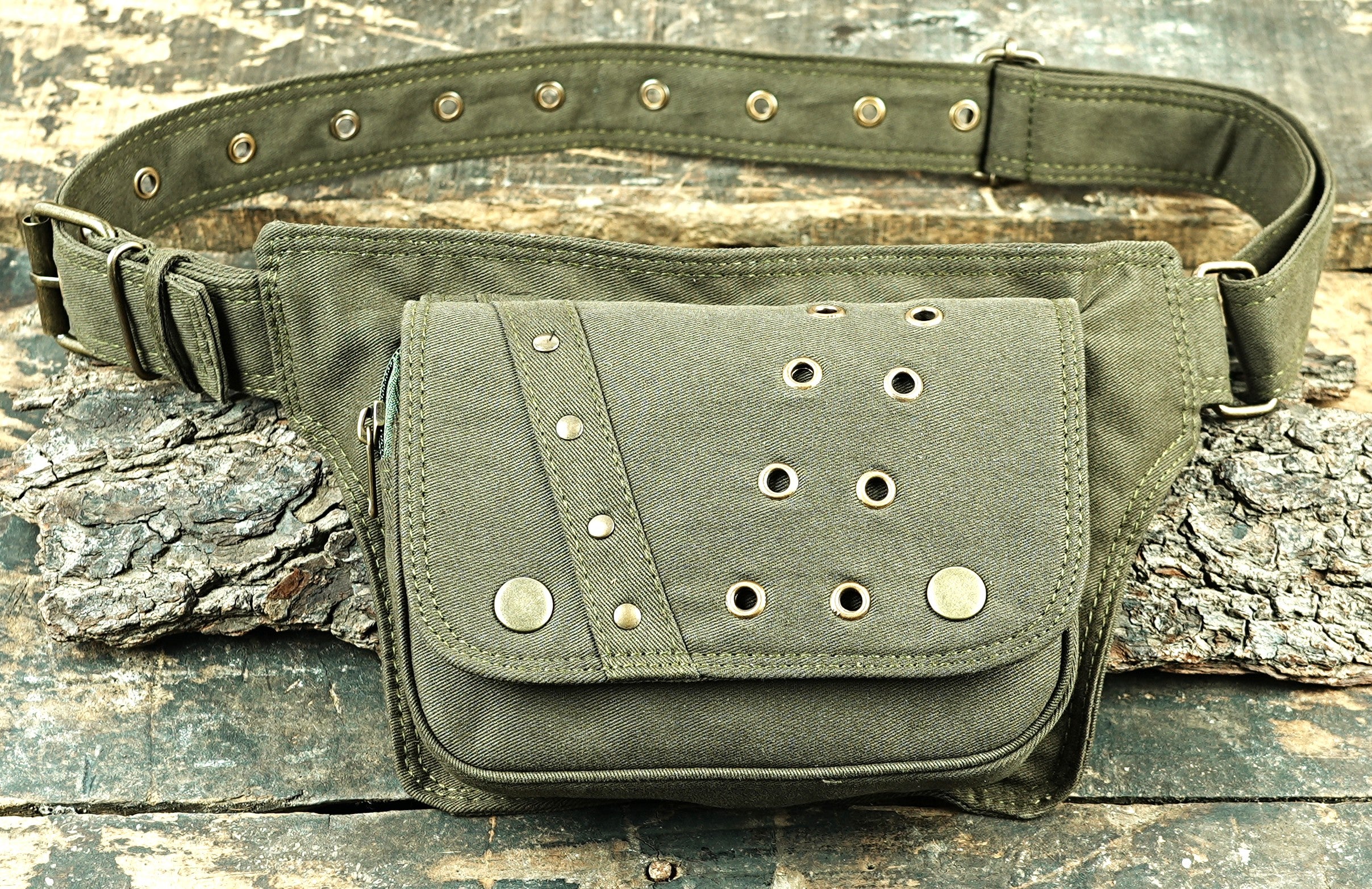 Handmade black utility waist pouch with flap and zipper pockets