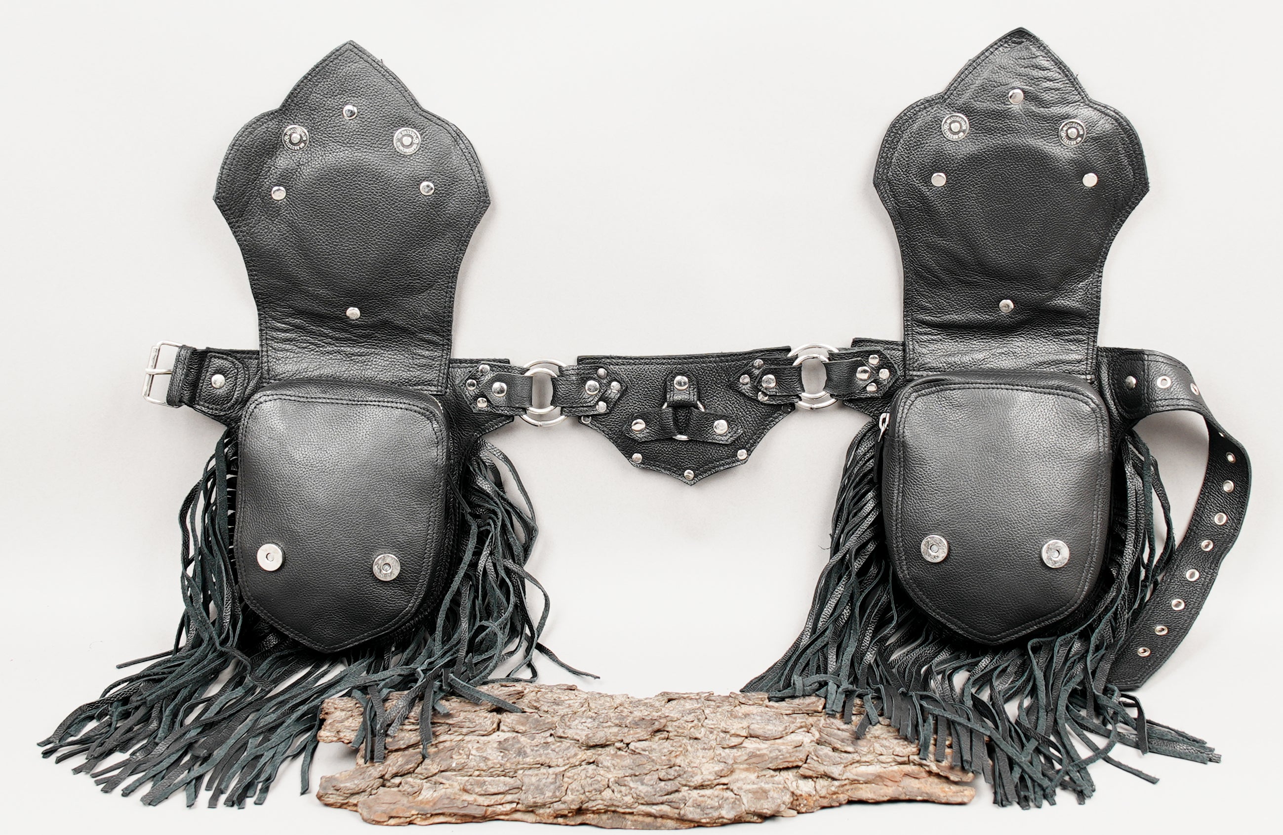 Leather utility waist belt with decorative stone pockets