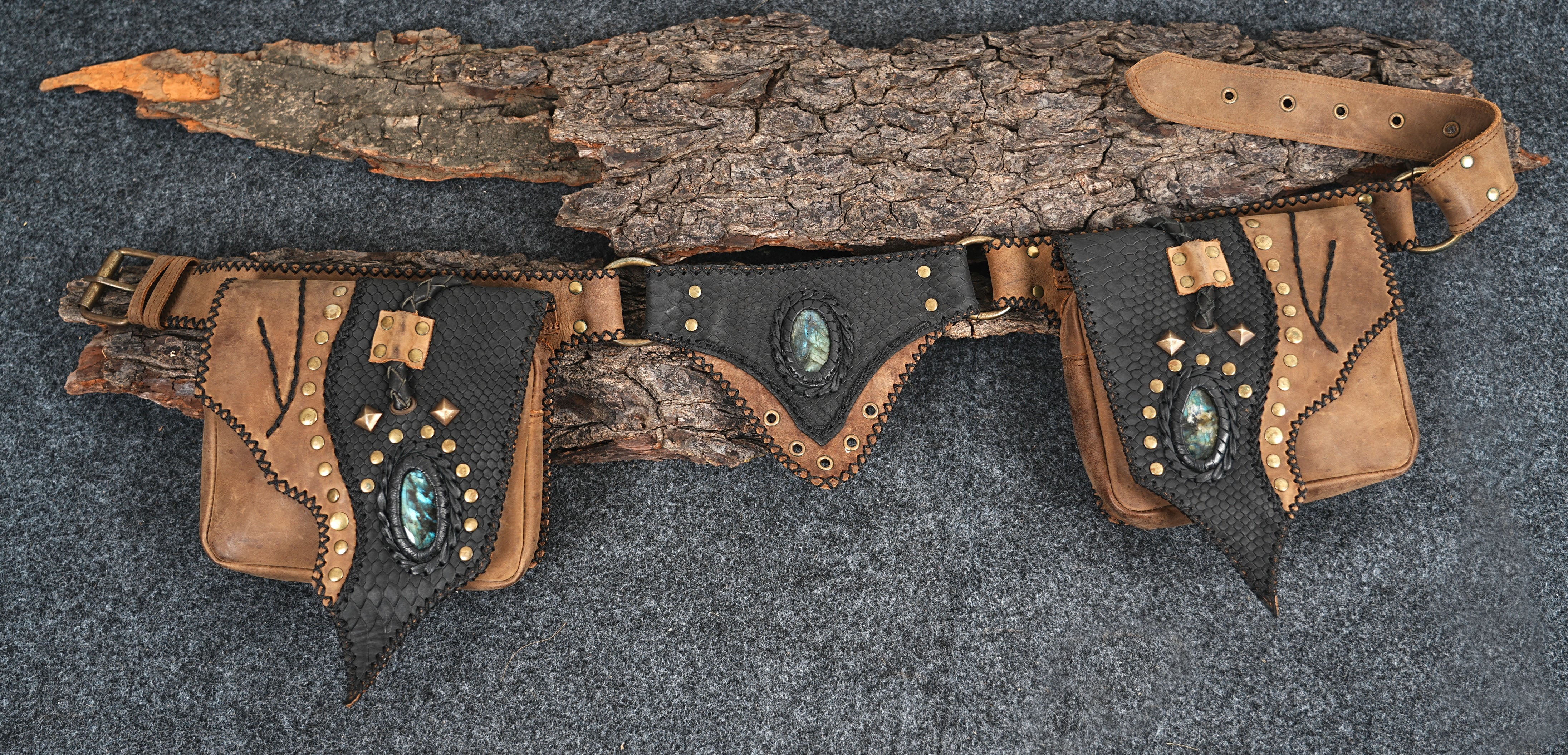 Handmade Genuine Leather Waist Belt with Gemstones || Gemstone Accent Leather Waist Pouch Belt (LT-AB-WB-6100)