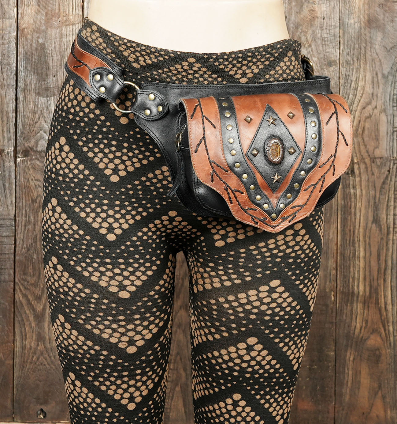 Gothic tribal brown leather waist bag with stud accents