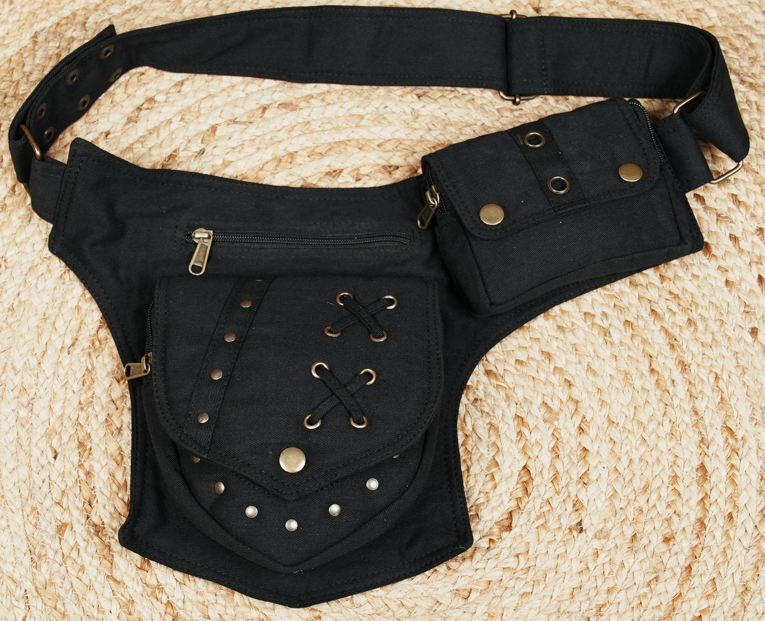Black lace-up drop-leg utility belt with studs and detachable pouch