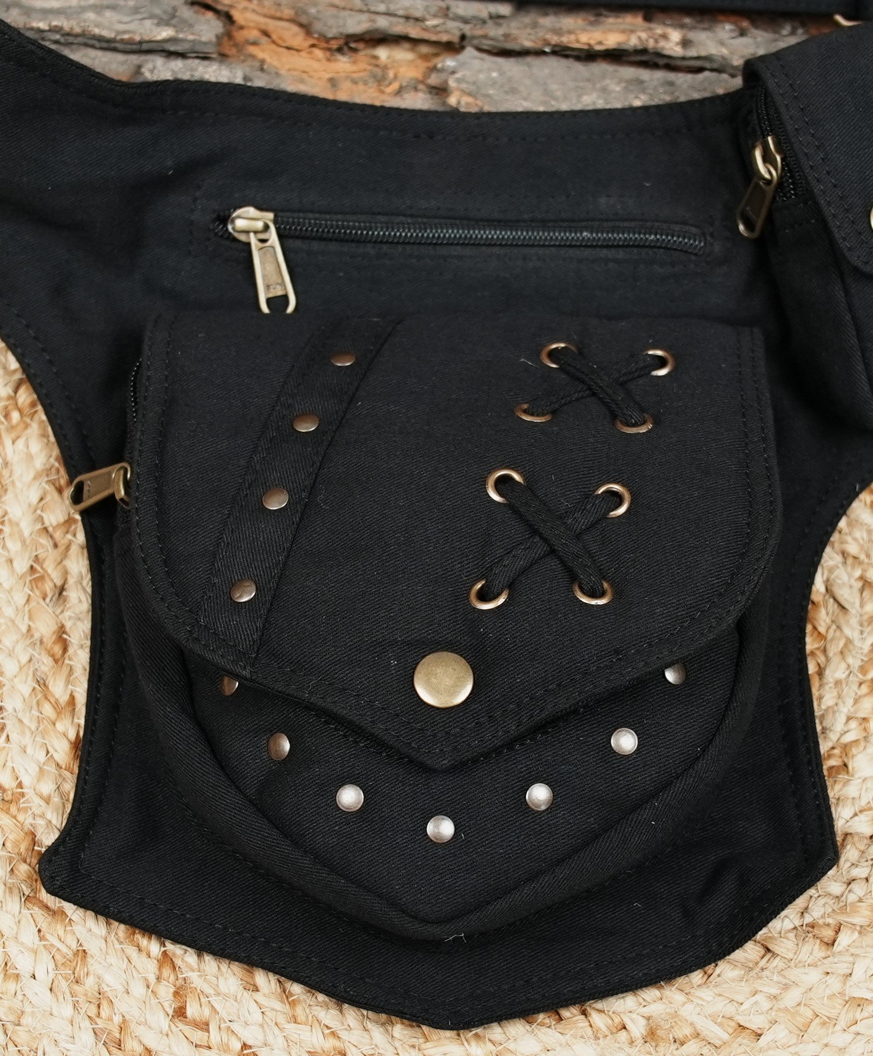 Handmade steampunk thigh bag and festival waist pack in black