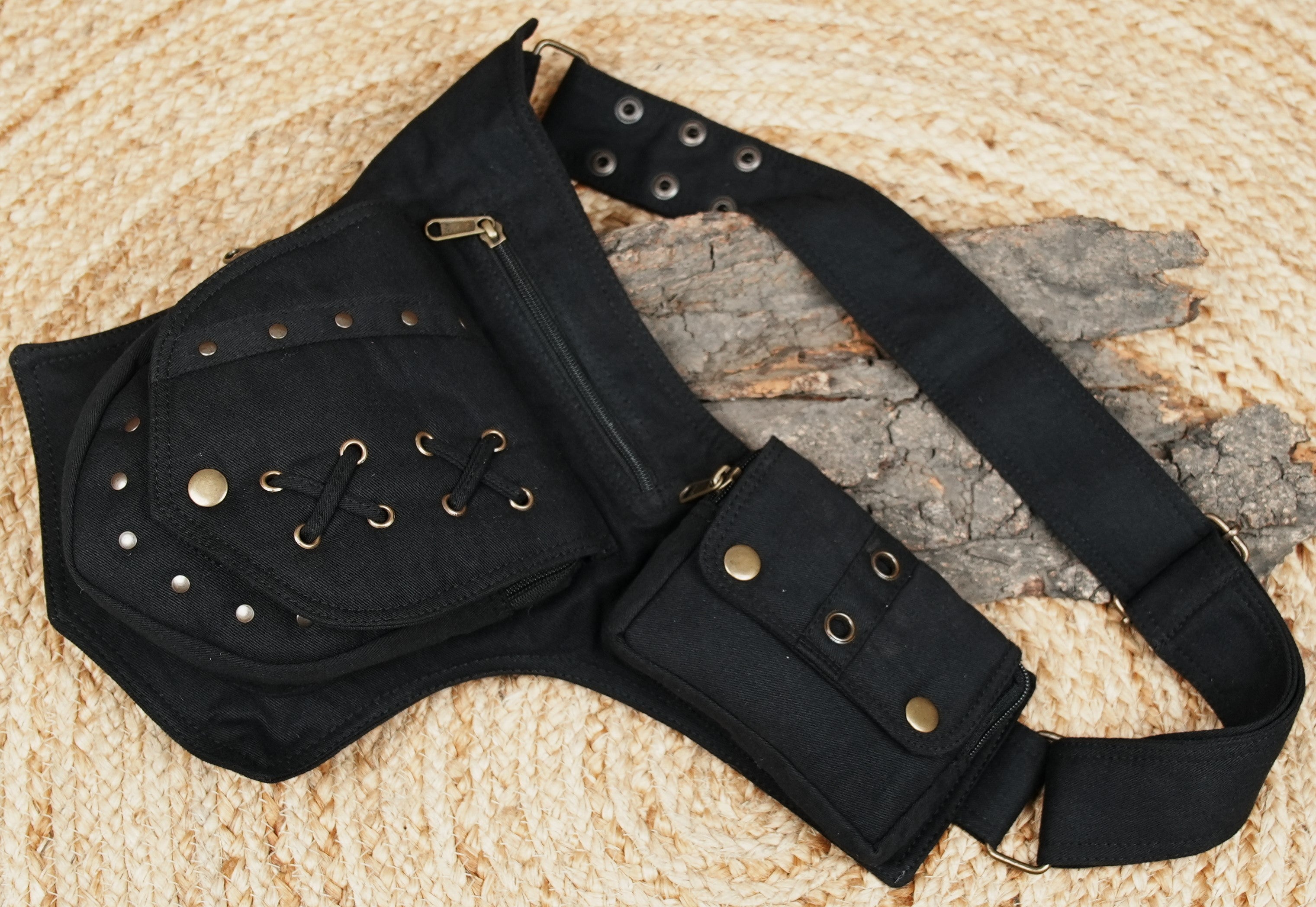 Unisex black cotton hip and leg bag with snap buttons