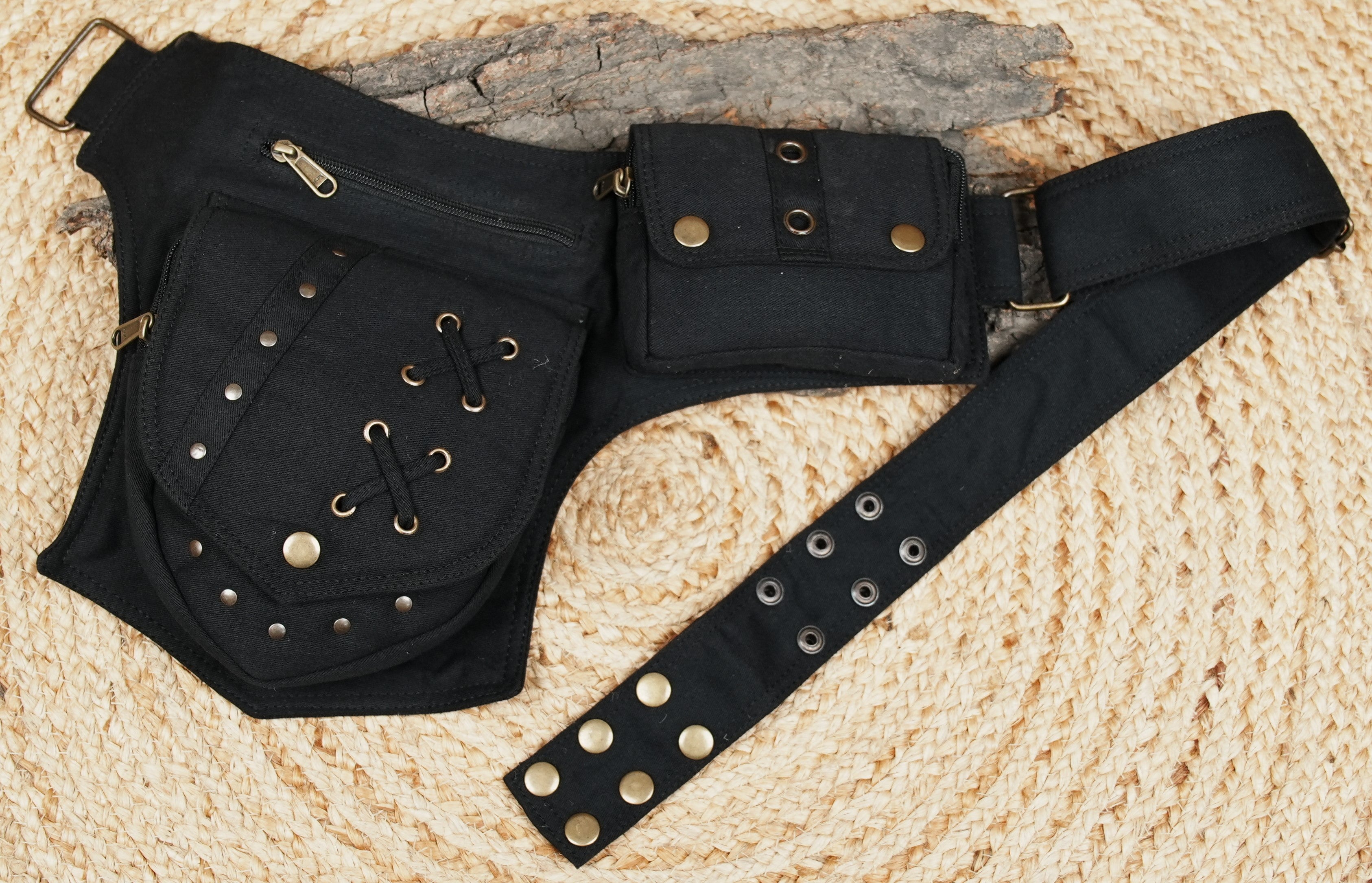 Laced canvas fanny pack with multi-compartment thigh pouch