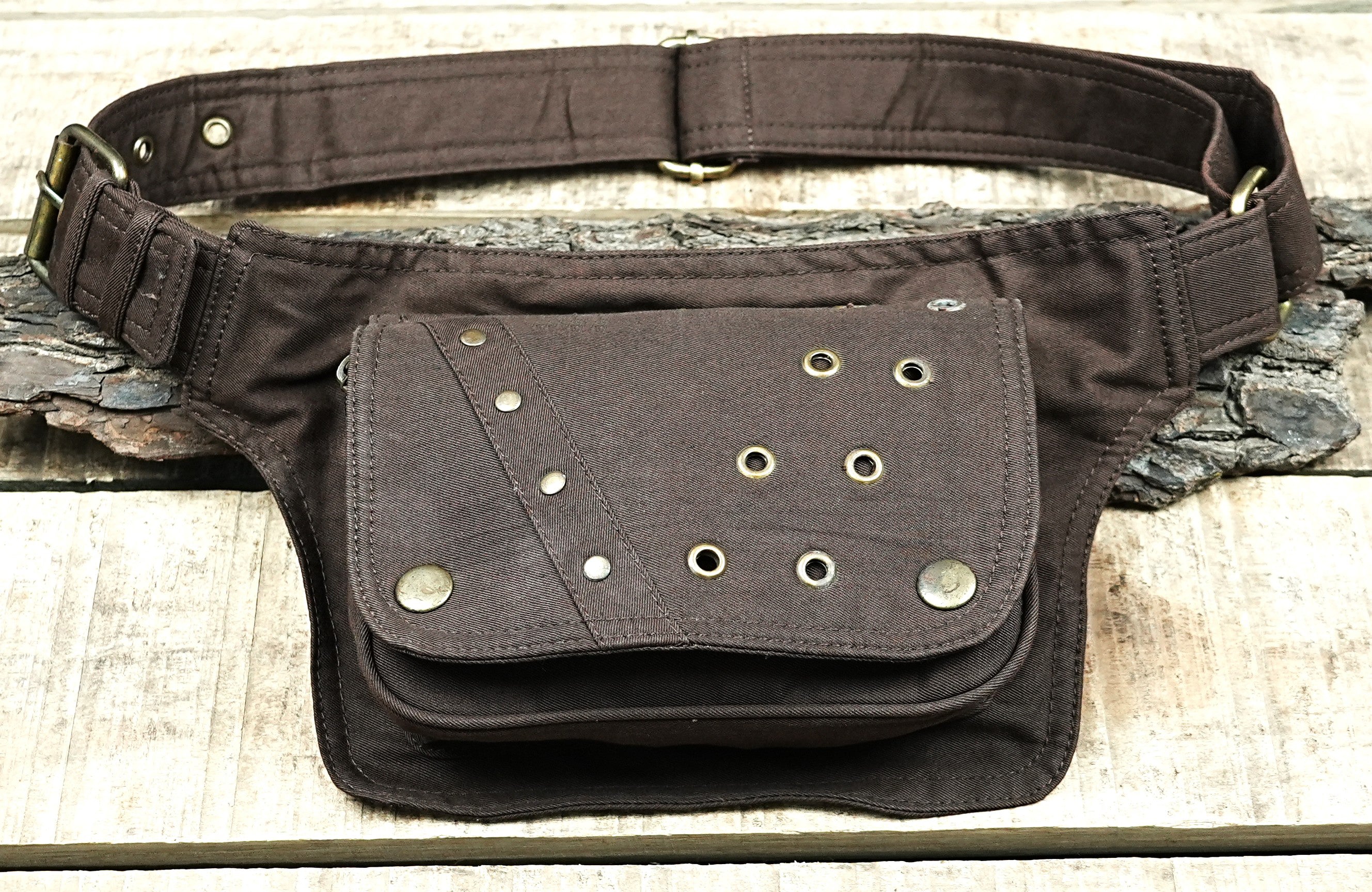Unisex cotton festival belt bag with antique brass metal details