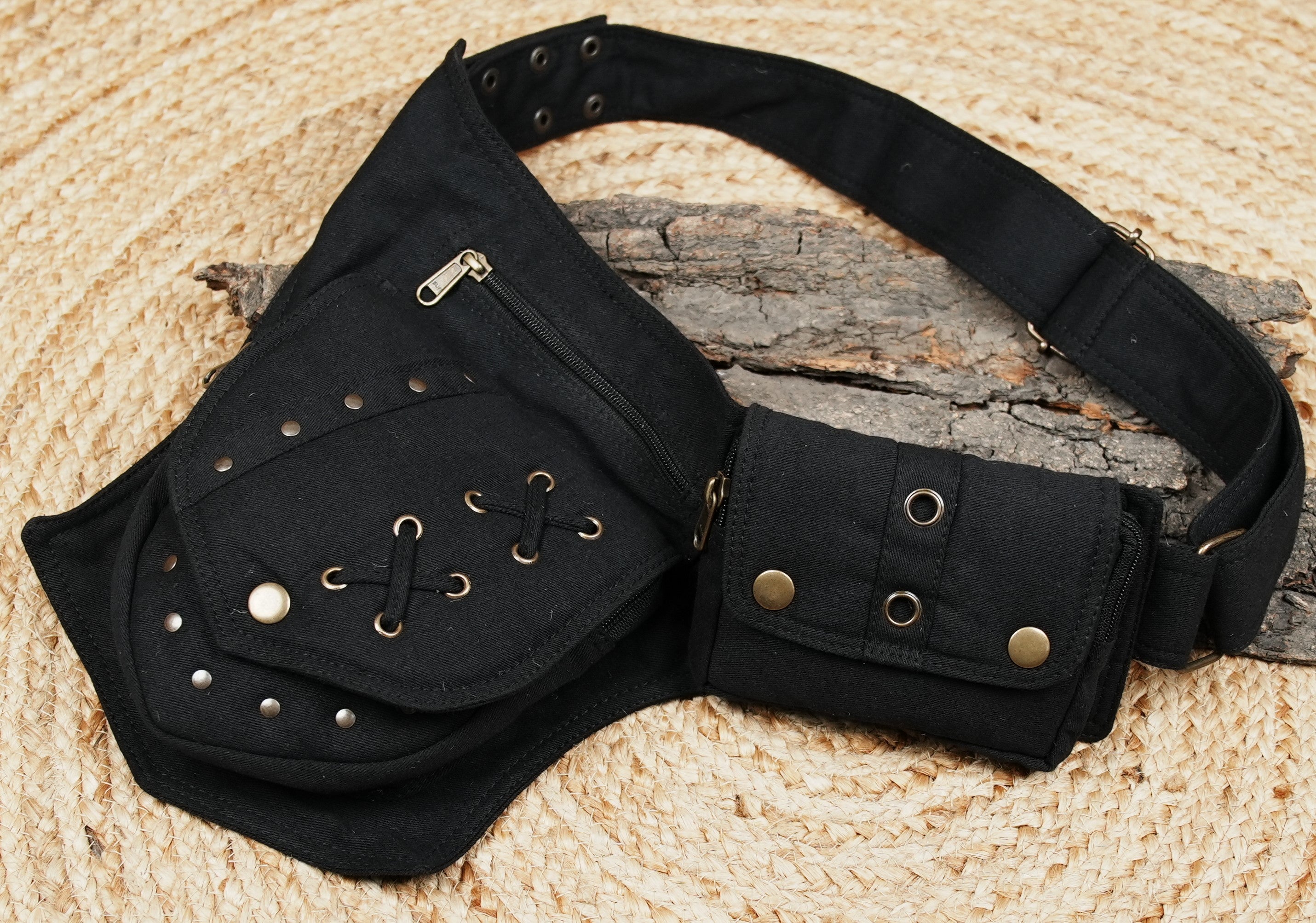Rugged black drop-leg hip belt with metal studs for festival wear