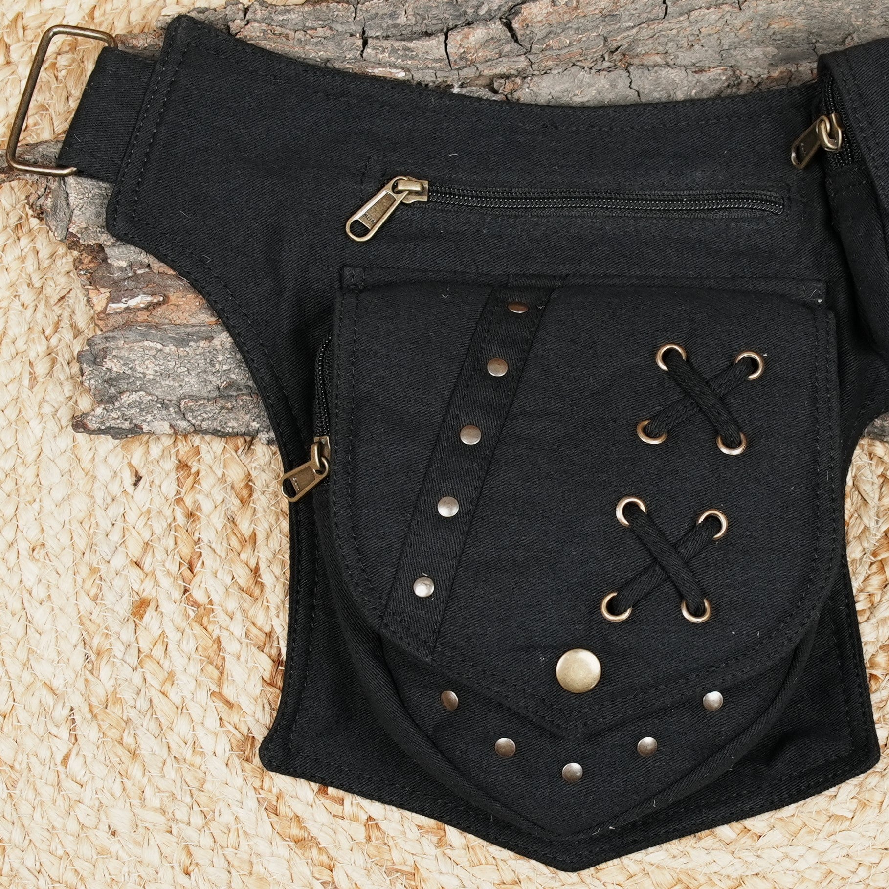 Durable black cotton drop-leg hip pouch and fanny pack