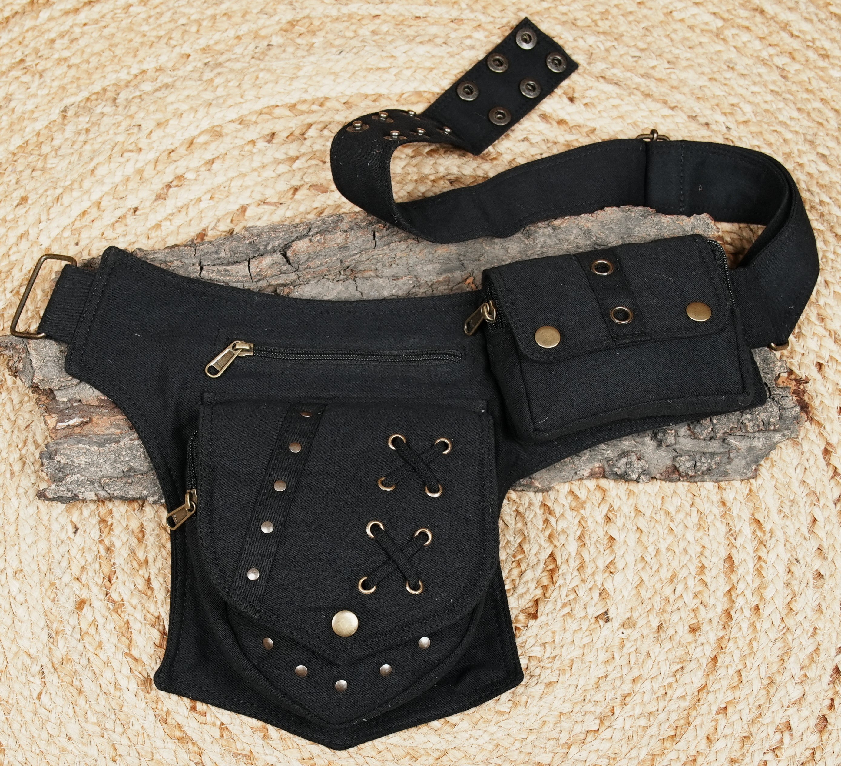 Black steampunk utility belt with drop-leg style and laced pocket