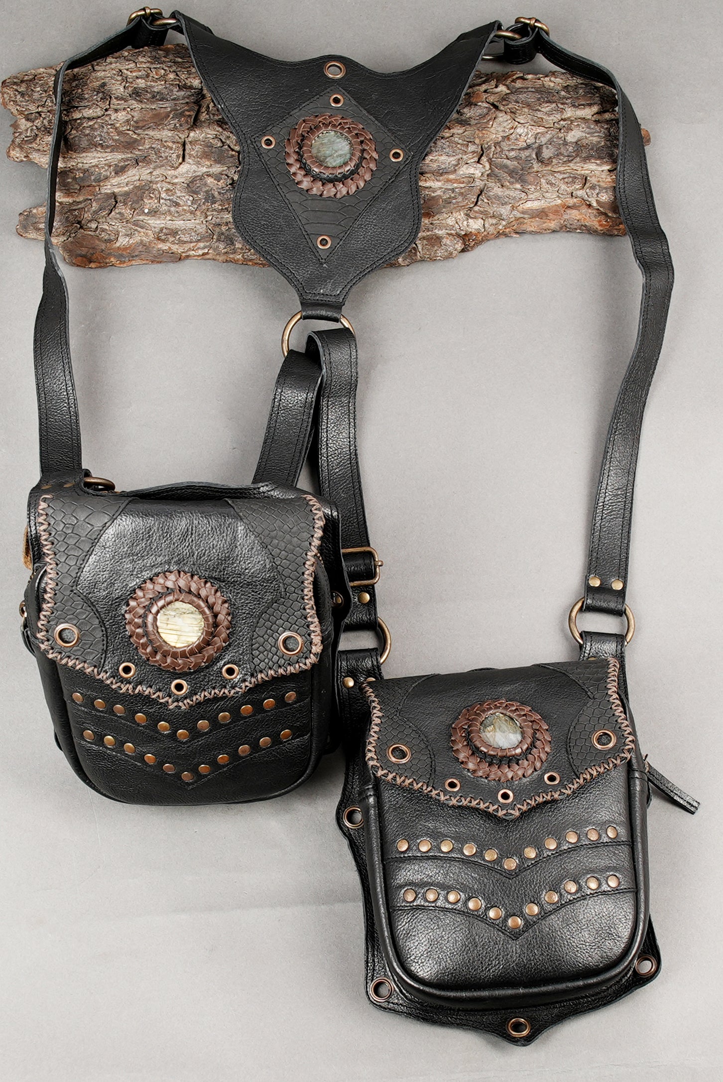 Premium leather harness bag for steampunk and fantasy outfits