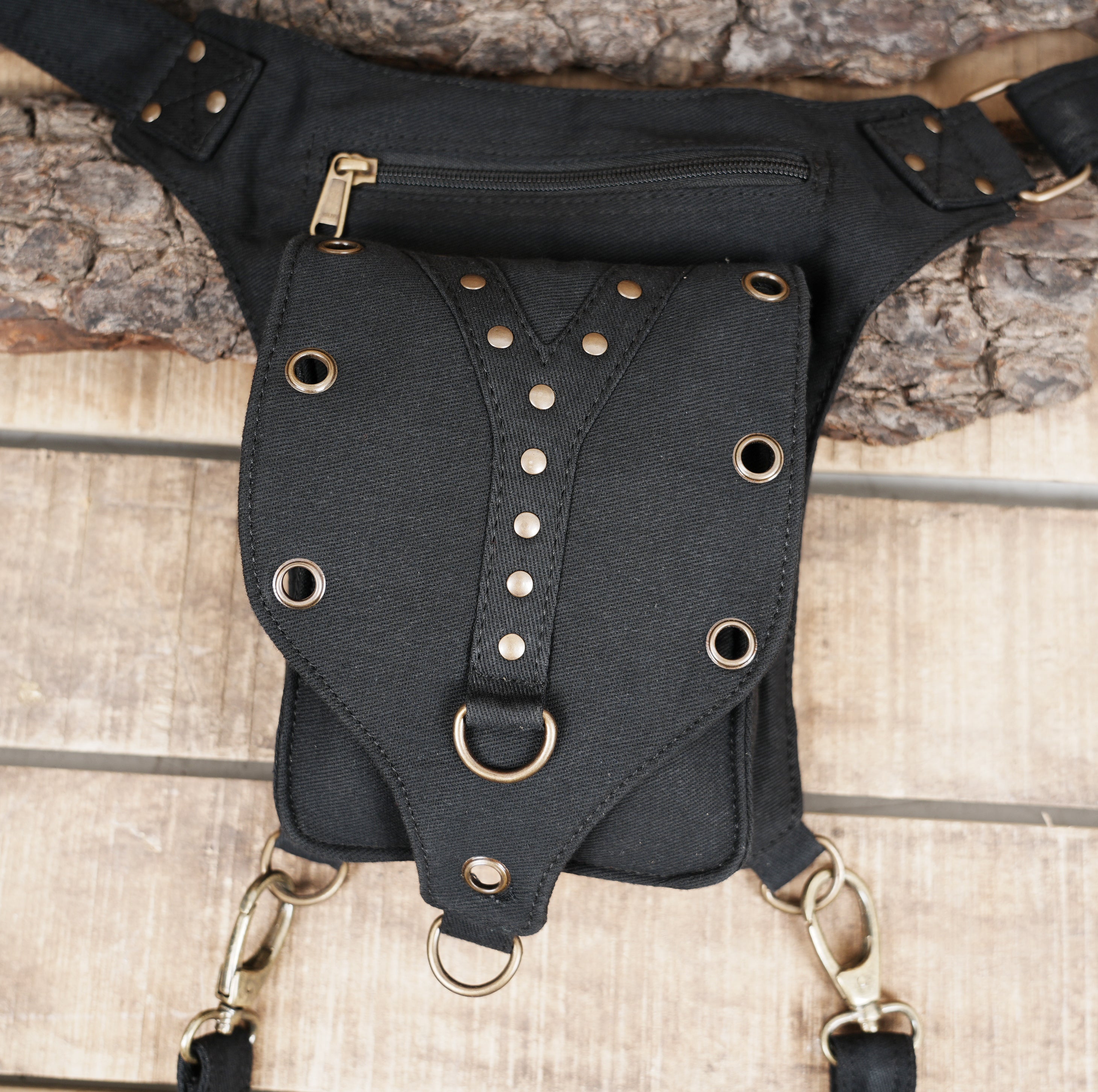 Cotton hip belt bag with front pocket and thigh straps