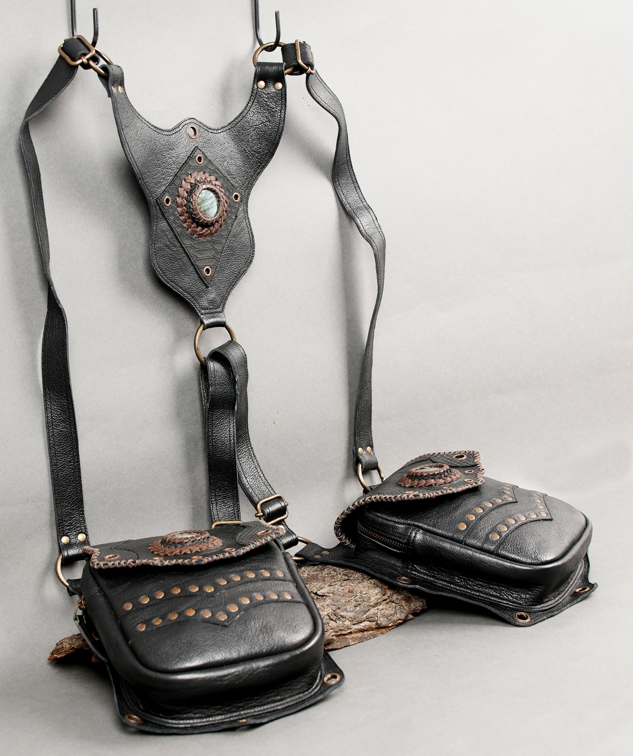 inspired leather shoulder holster with metal accents