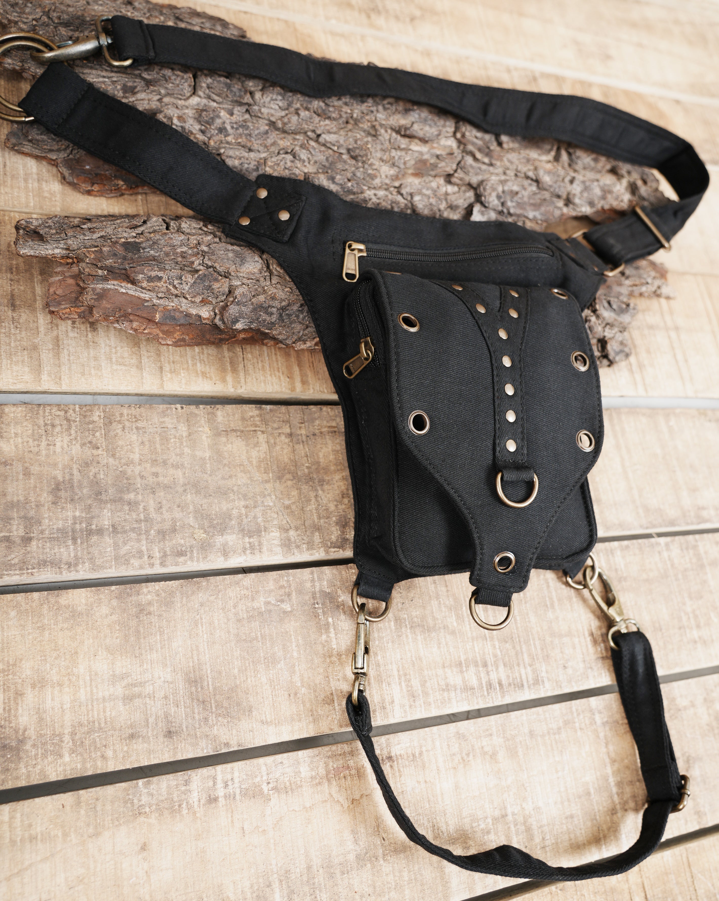Cotton festival waist bag with thigh straps and metal hardware