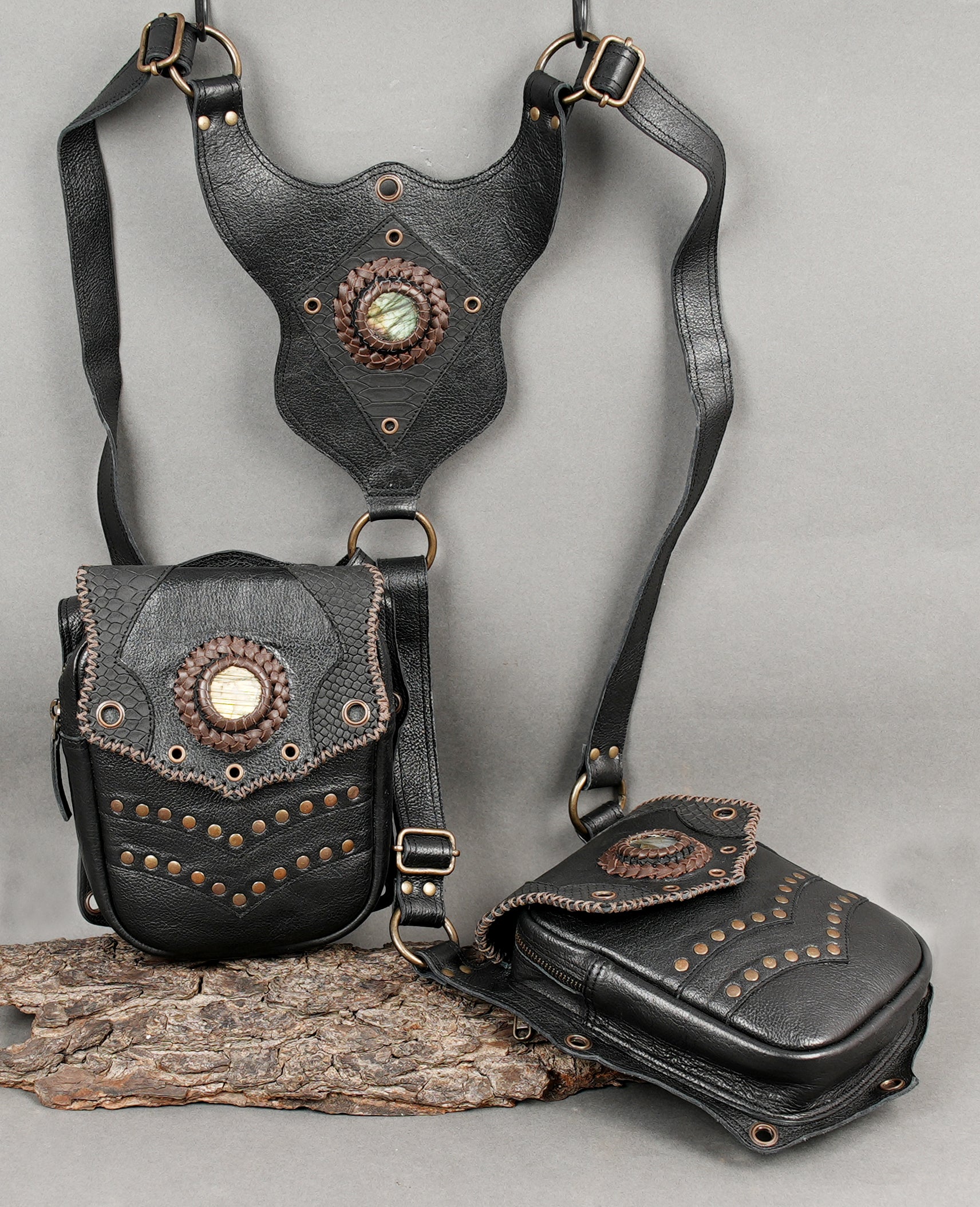 Tribal style leather holster with decorative stitching