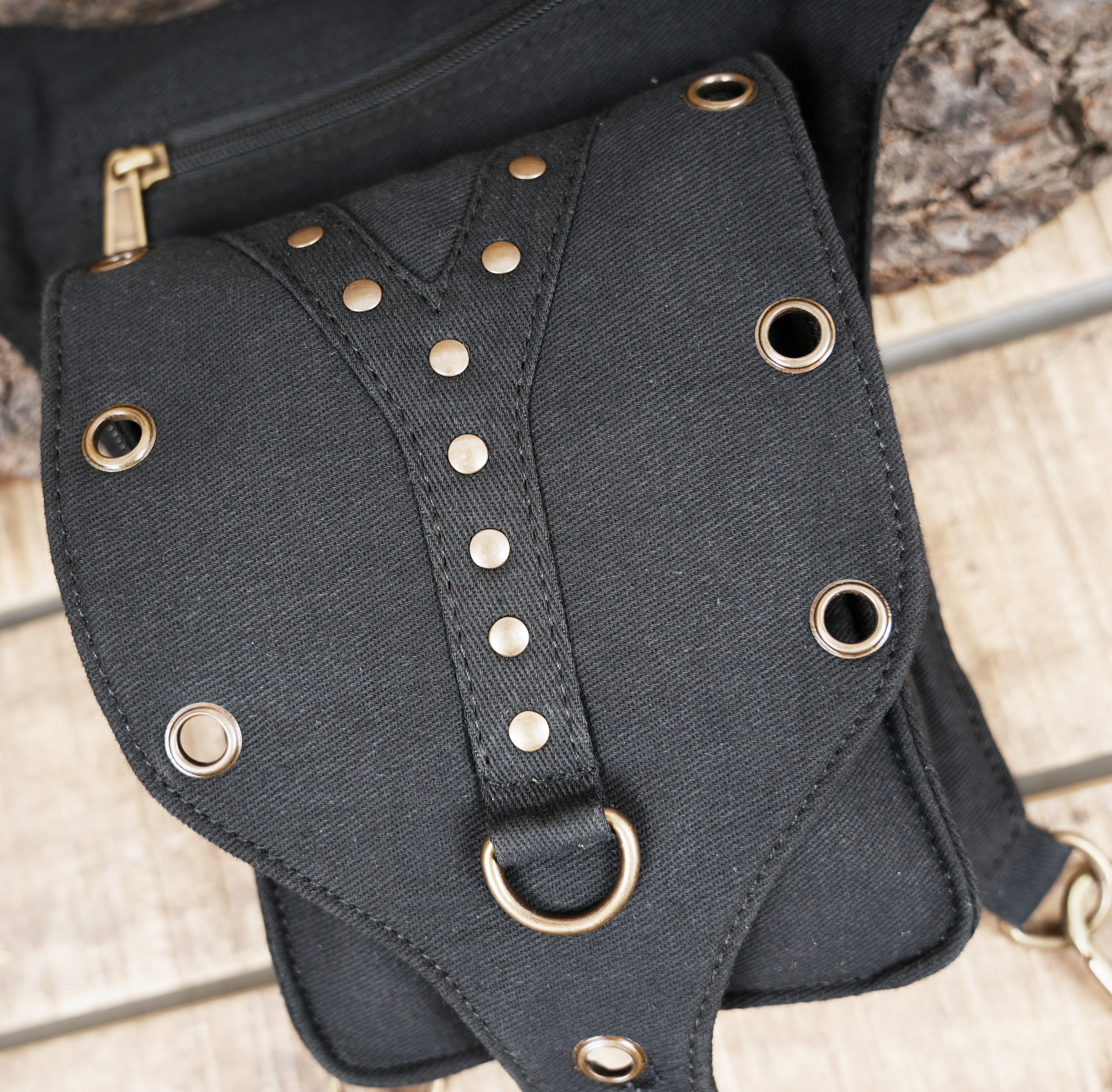 Handmade cotton waist bag with thigh strap attachment