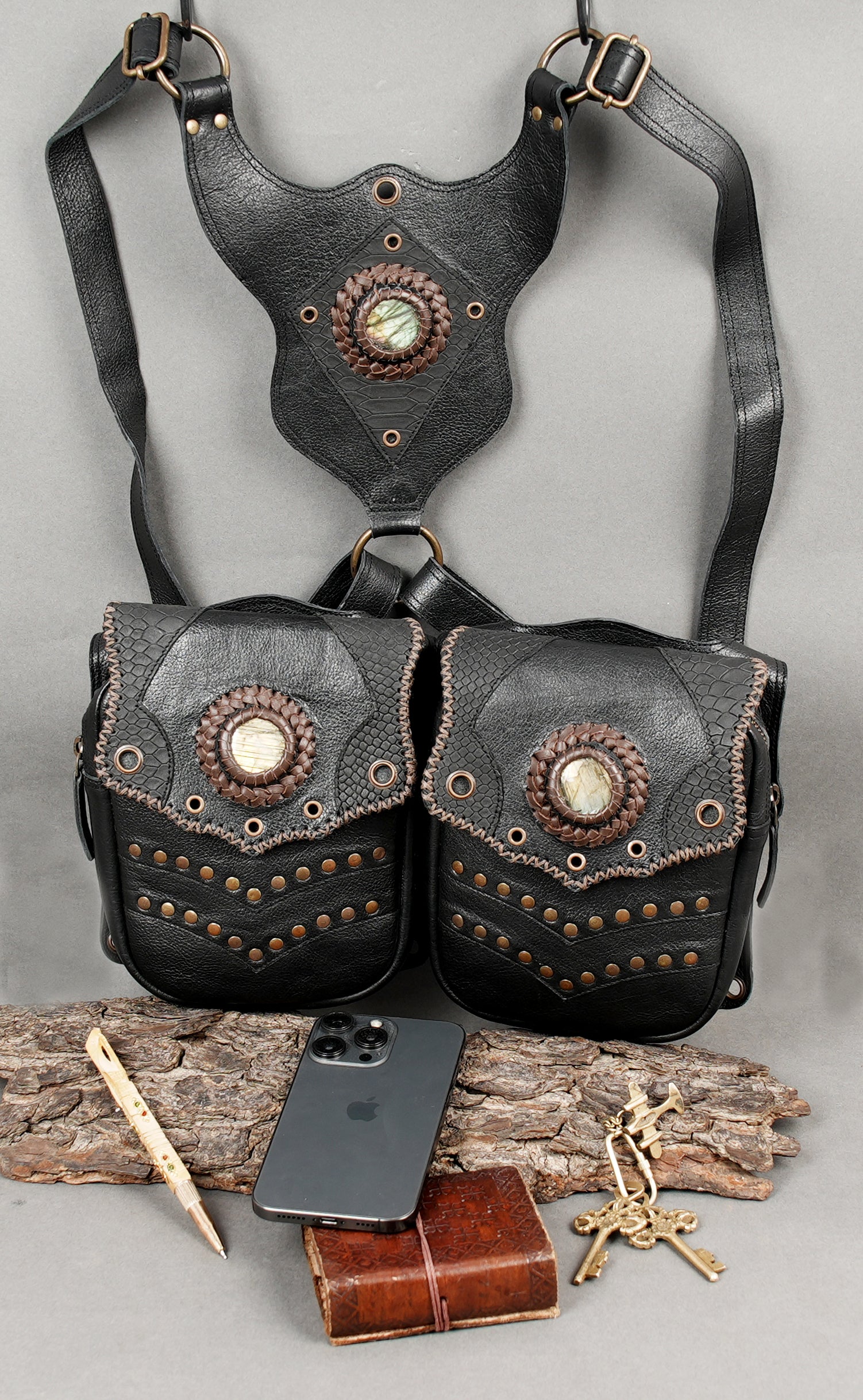 Festival ready leather harness with functional pouches