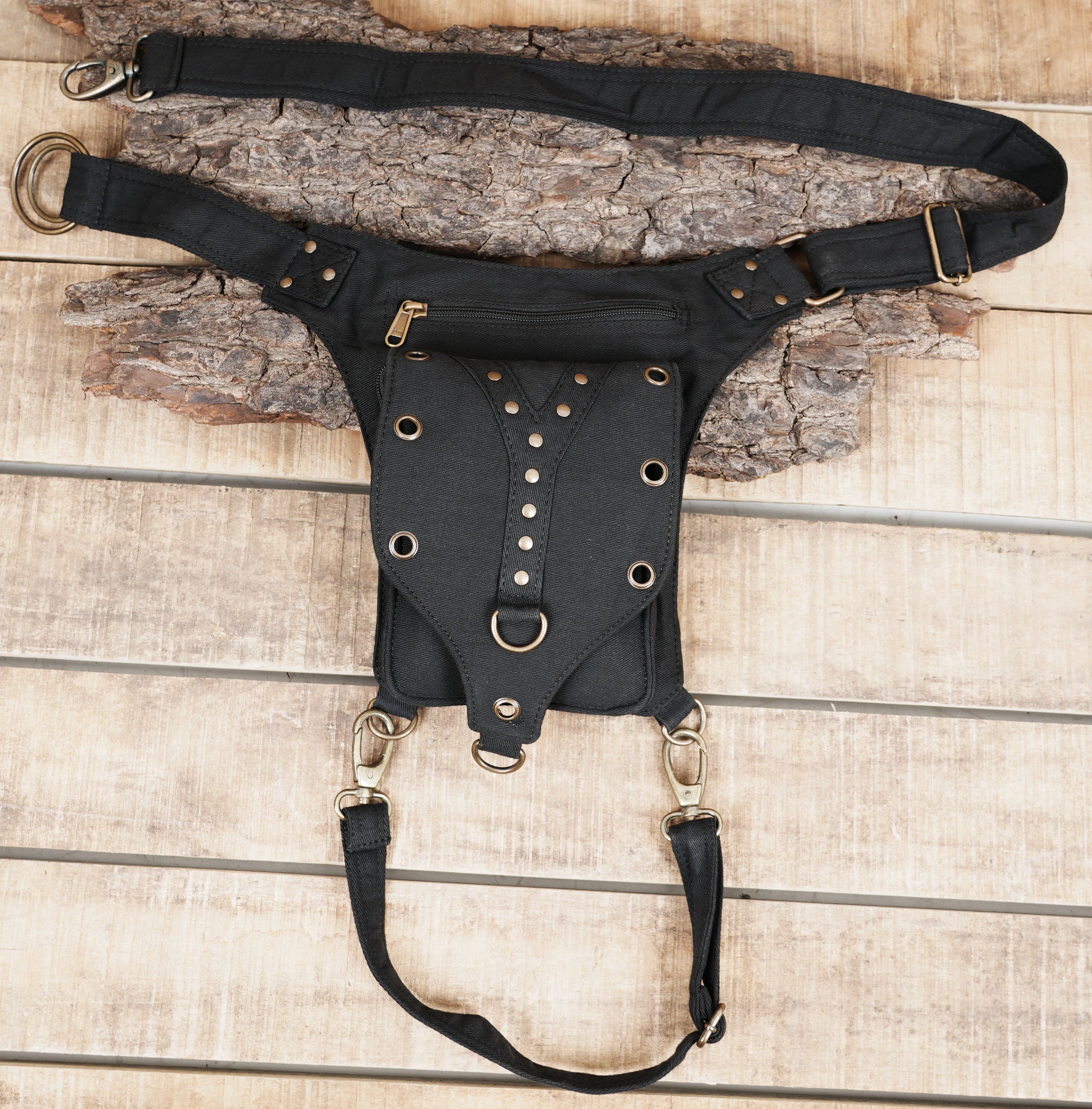 Multi pocket cotton waist pouch with leg straps