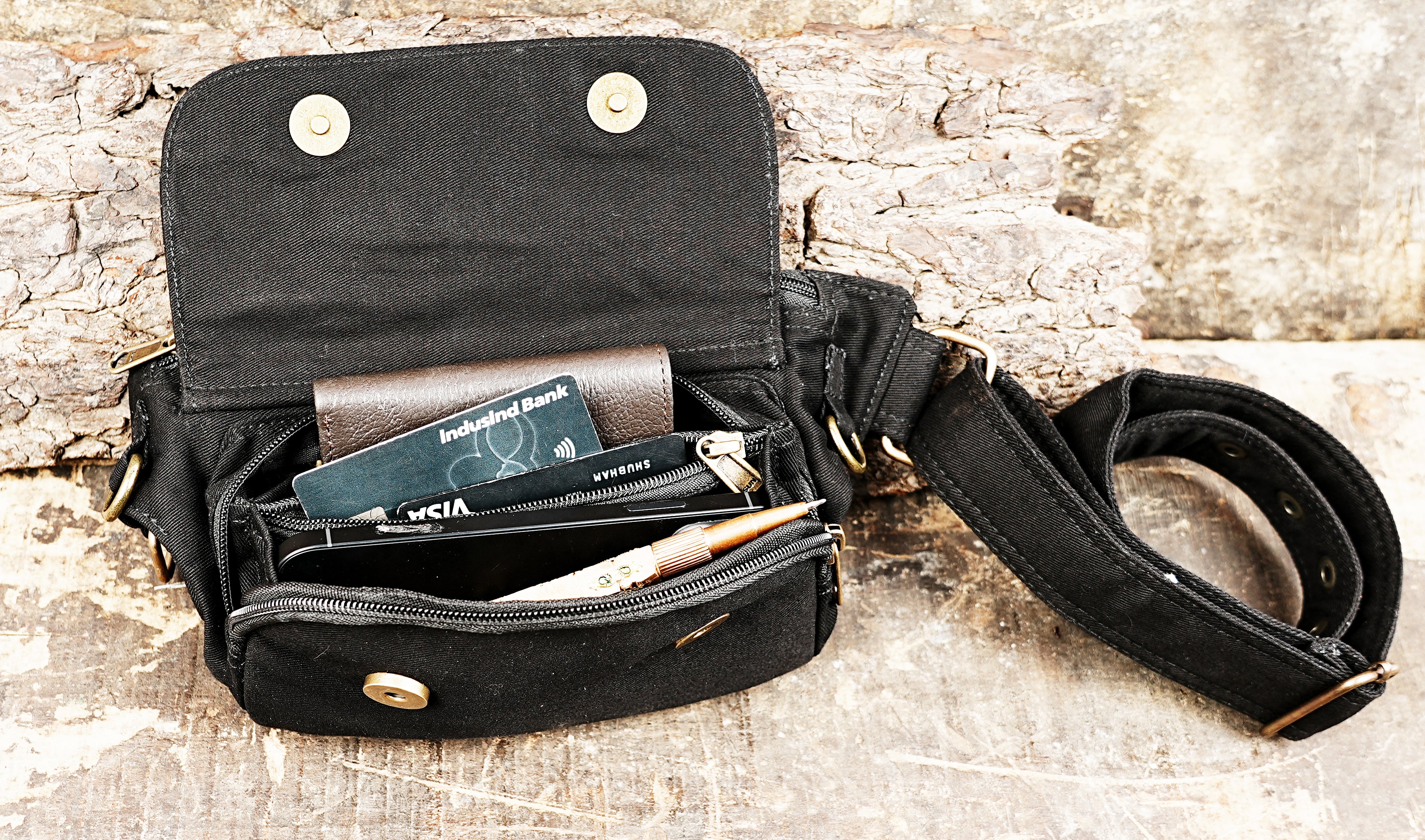 Black cotton utility belt bag for hiking, work, and walking