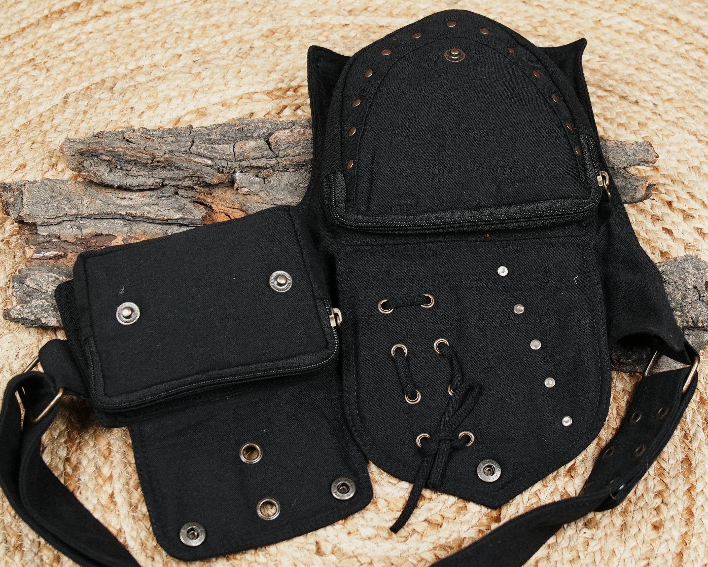 Multi-compartment black cotton utility pouch with lace-up design