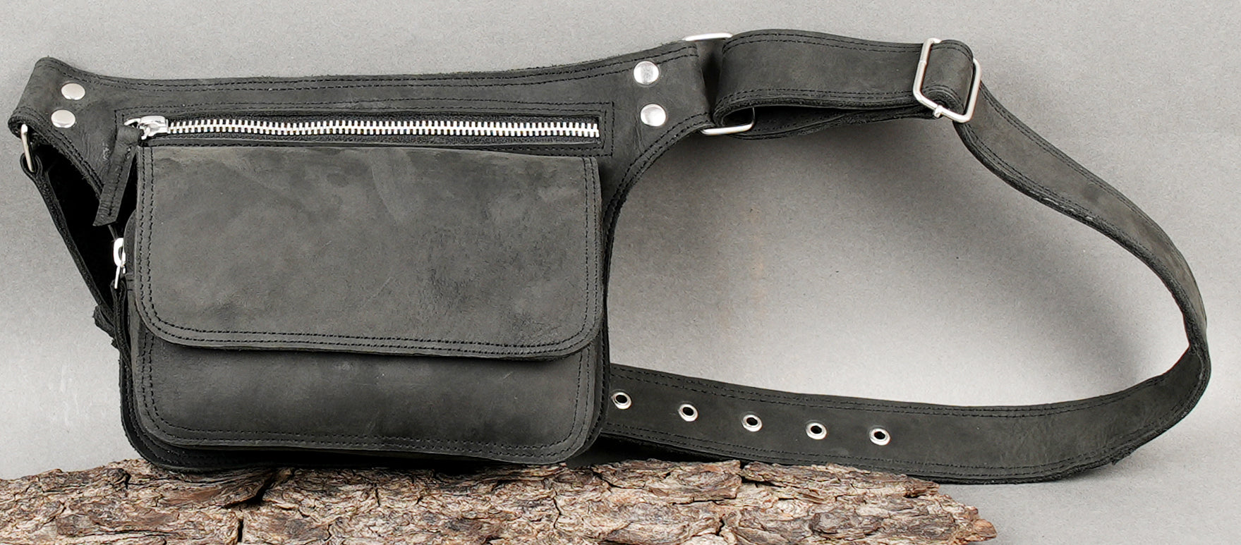 Leather utility waist belt with zippered front pouch