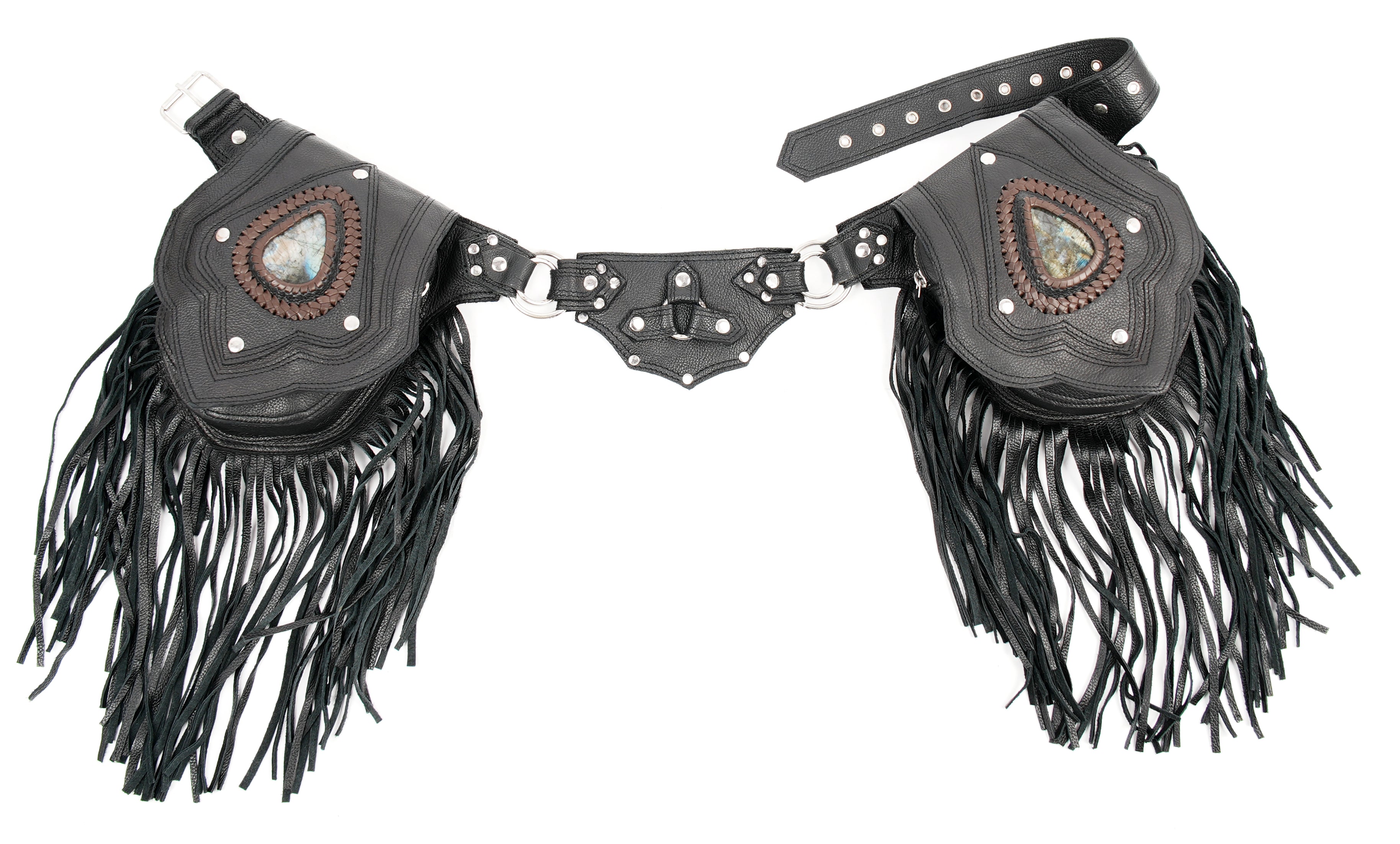 Leather hip belt with fringe and gemstone details
