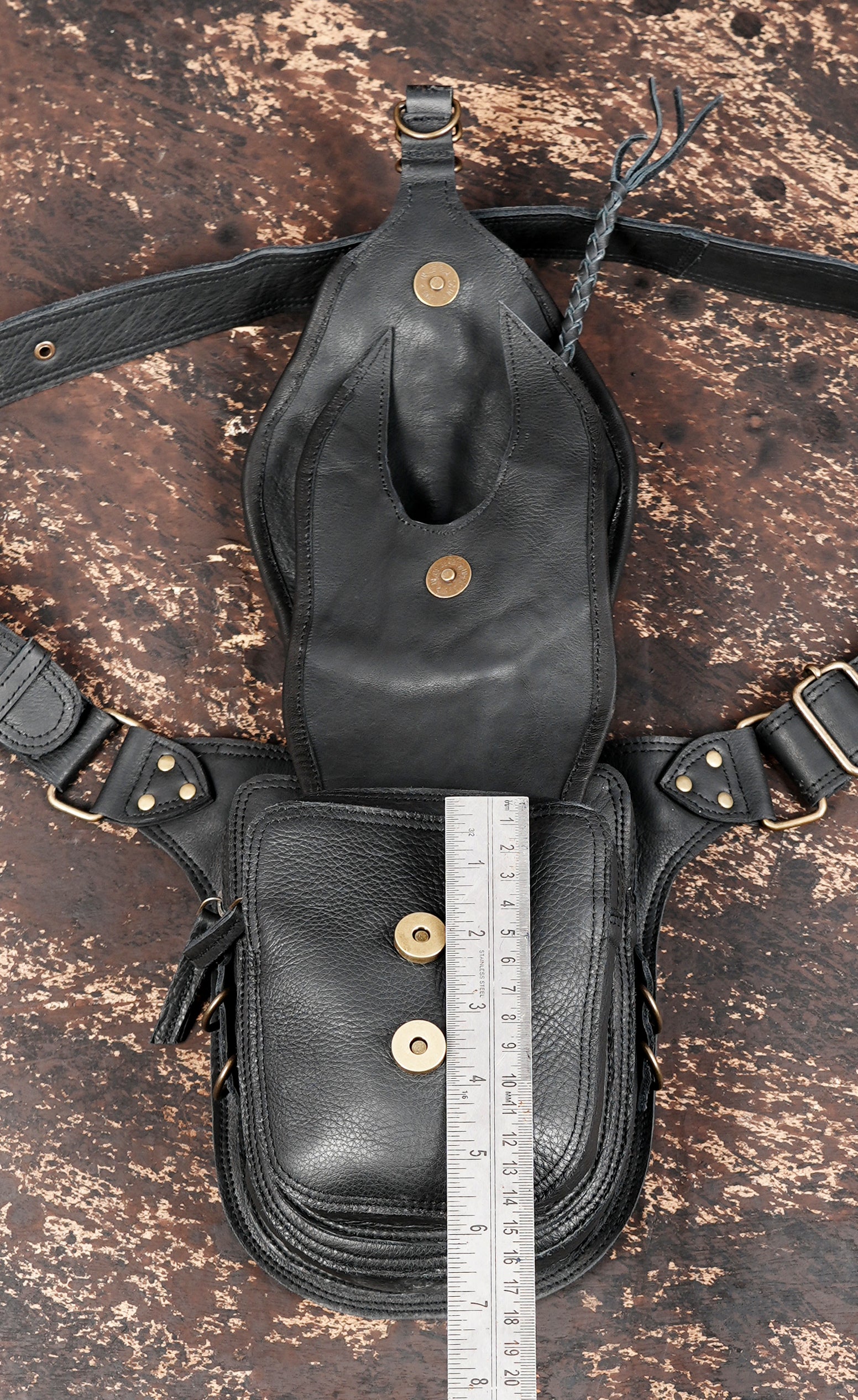 Handmade leather utility belt pouch with antique brass studs and stone detail