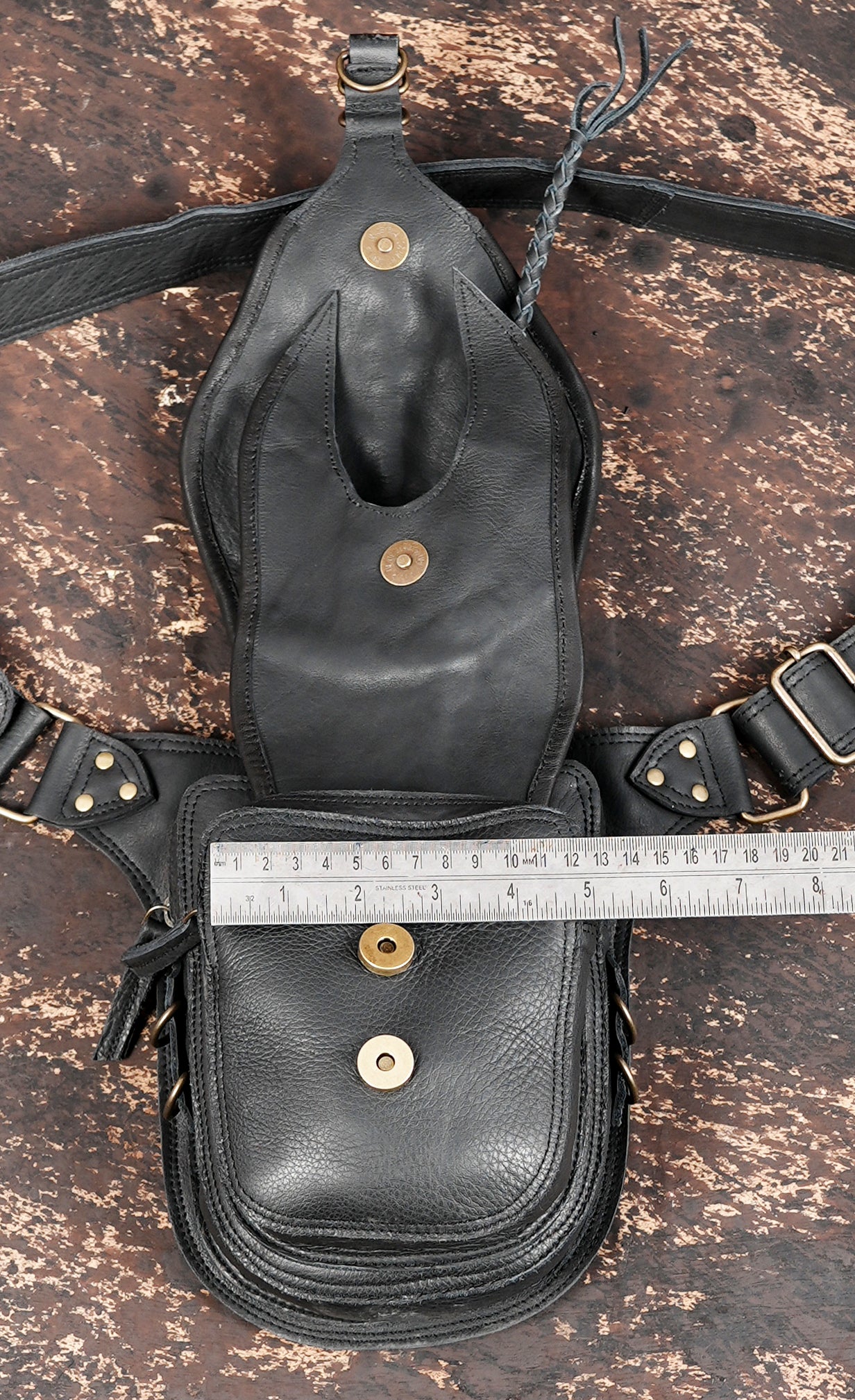 Artisan handmade leather fanny pack with antique brass hardware and gemstone