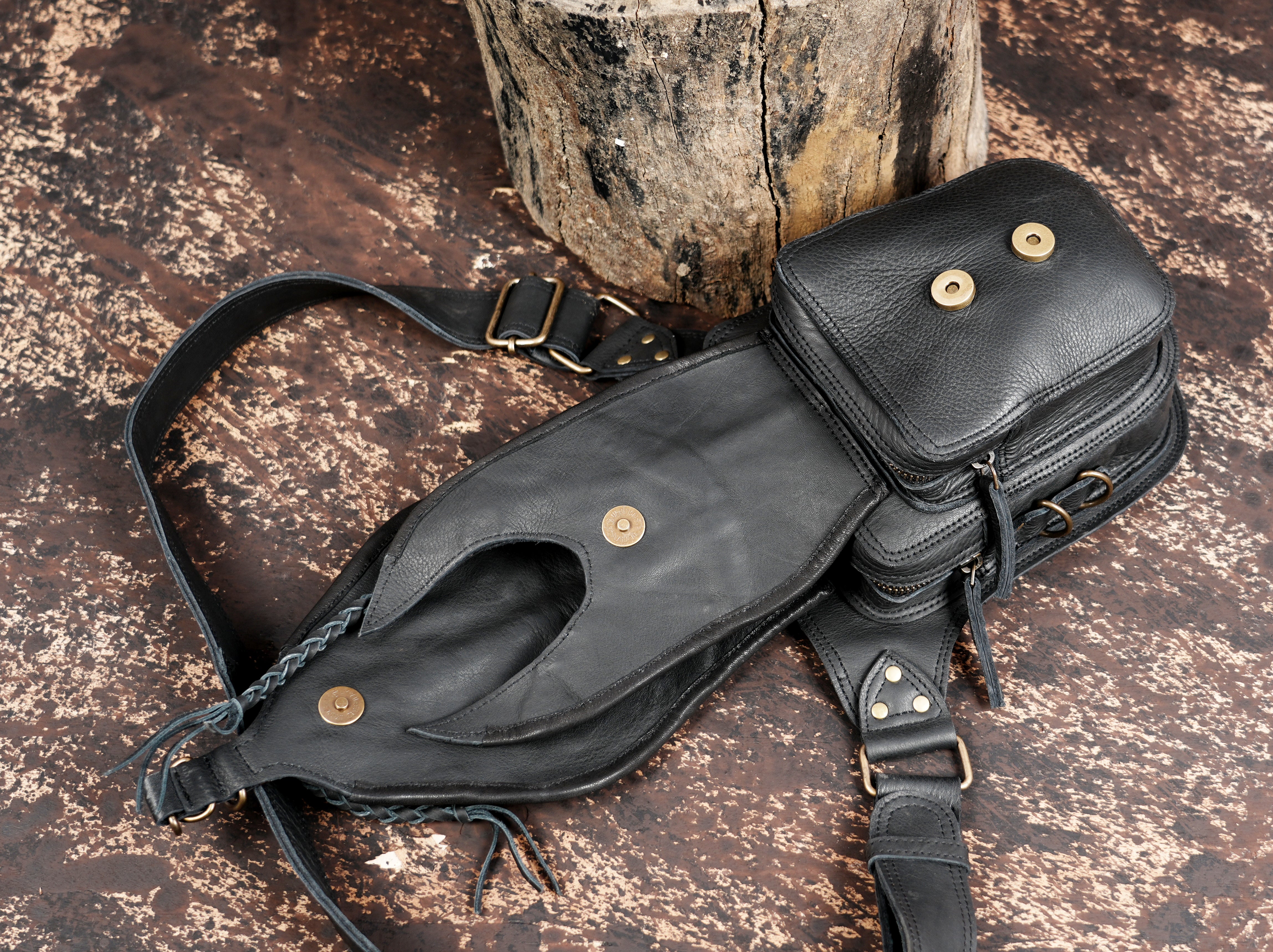 Genuine leather hip bag with tiger eye gemstone and boho tribal design