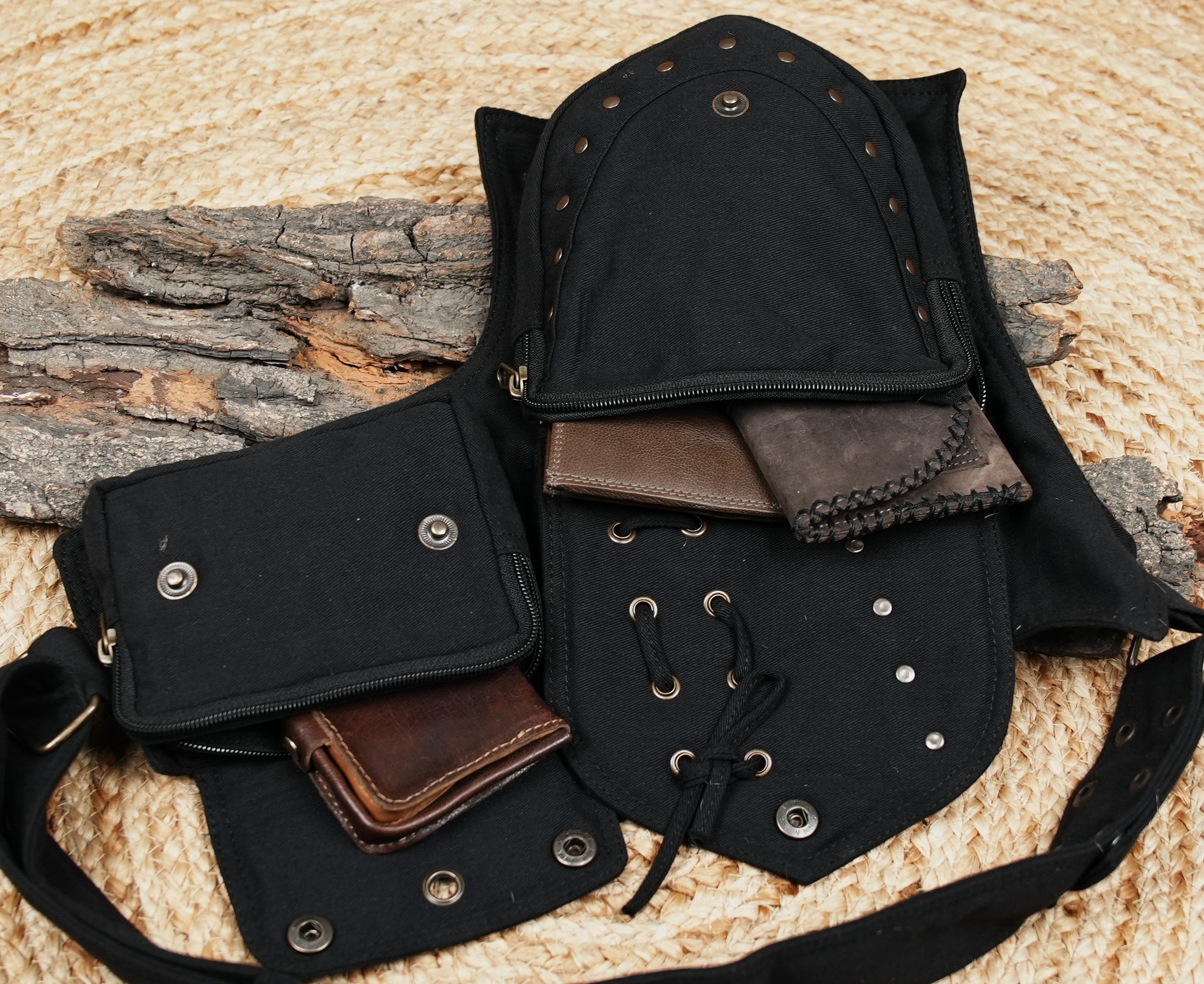 Casual black cotton waist and leg bag with metallic stud accents