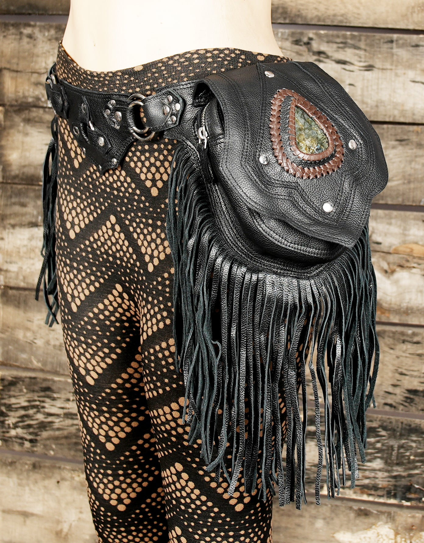 Leather waist belt accessory with dual gemstone pouches