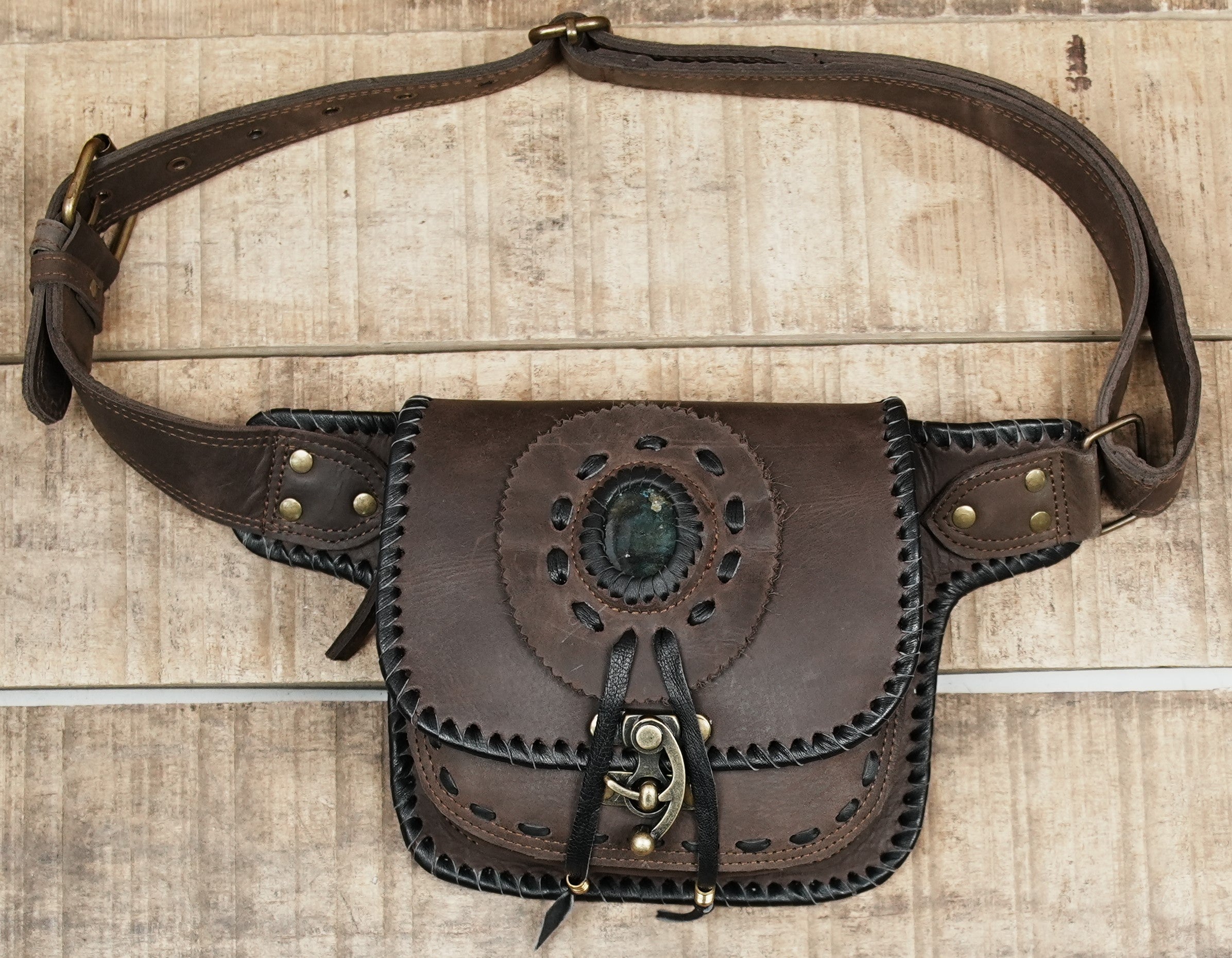 Genuine Leather Hip Belt Bag with Gemstone Centerpiece || Leather Utility Belt with Gemstone Detail and Spacious Pocket (LT-AB-WB-6078)
