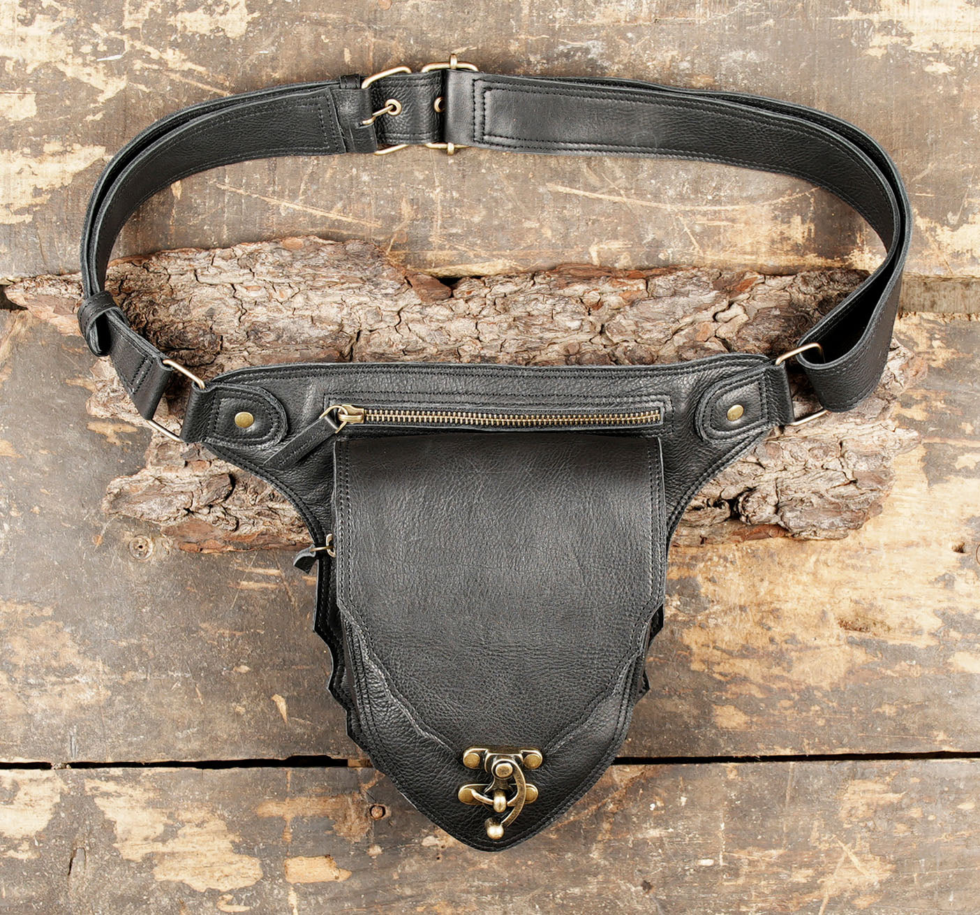 Genuine leather belt with front pouch storage