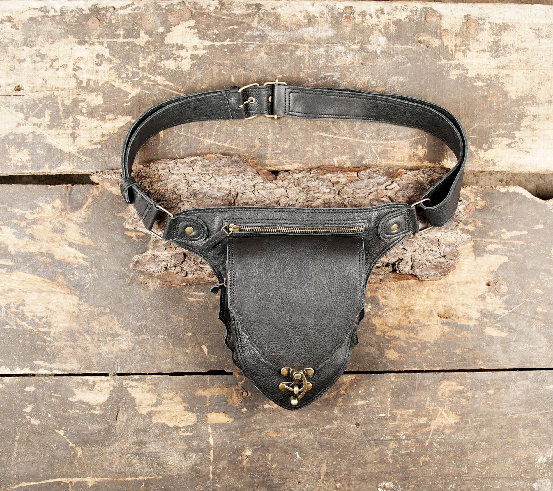 Black leather waist belt with front utility pouch
