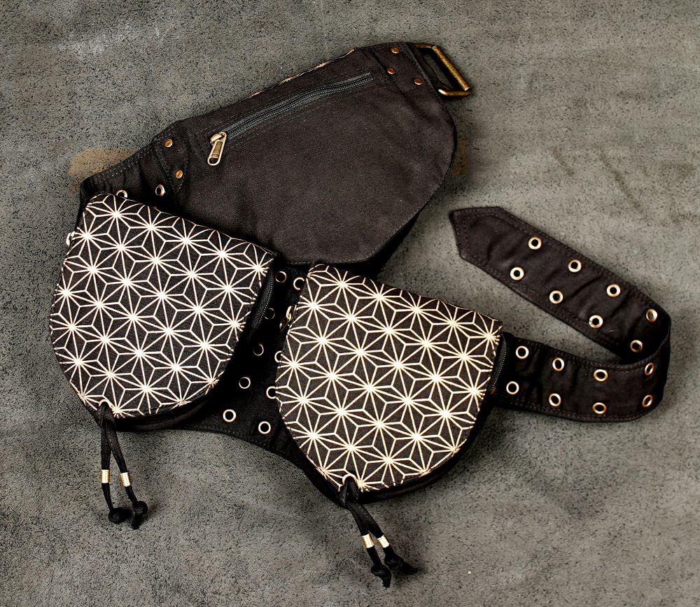 geometric cotton belt bag, adjustable waist pouch with three pockets, studded detailing, and zippered storage