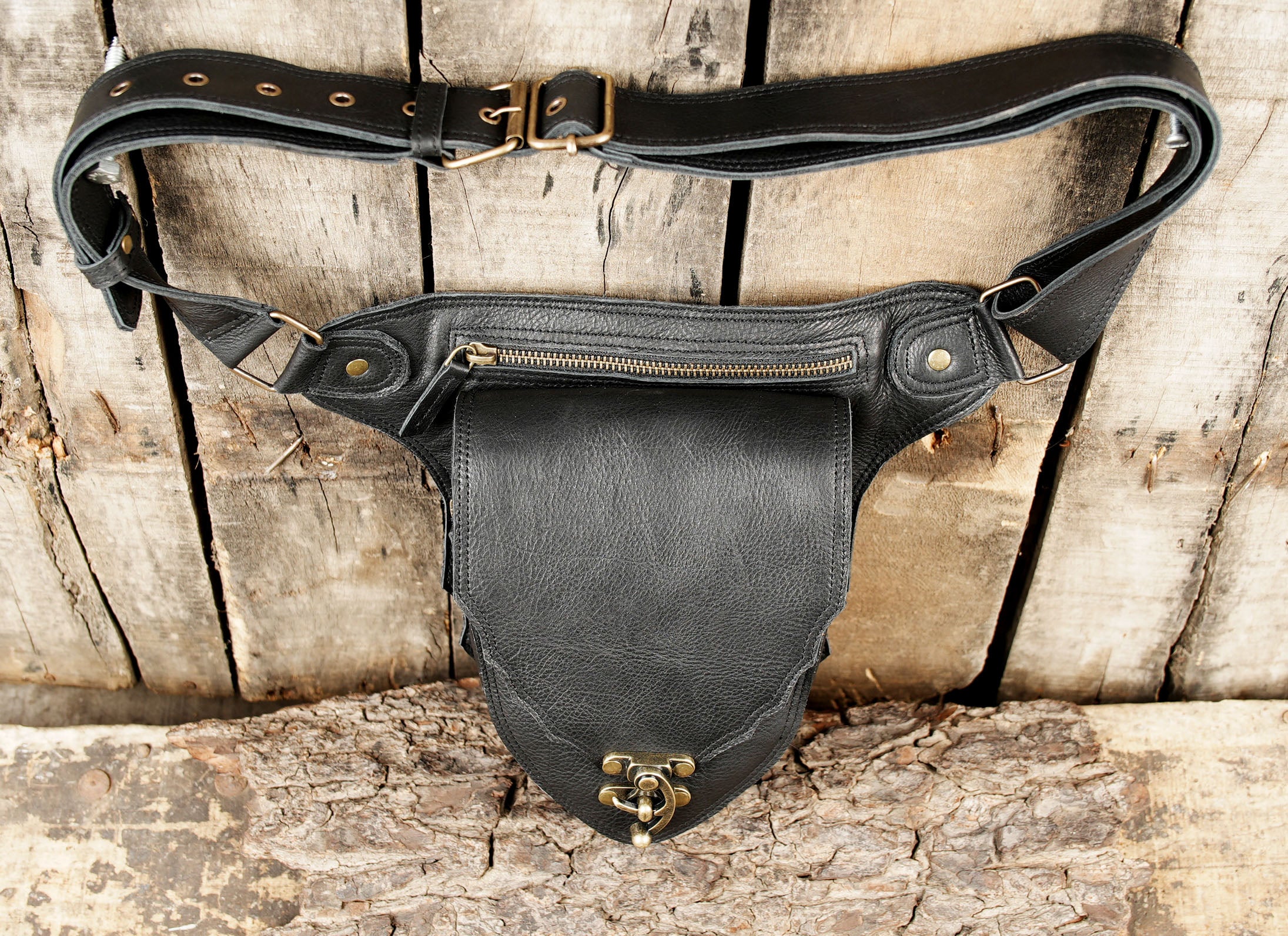 Hand stitched black leather waist belt