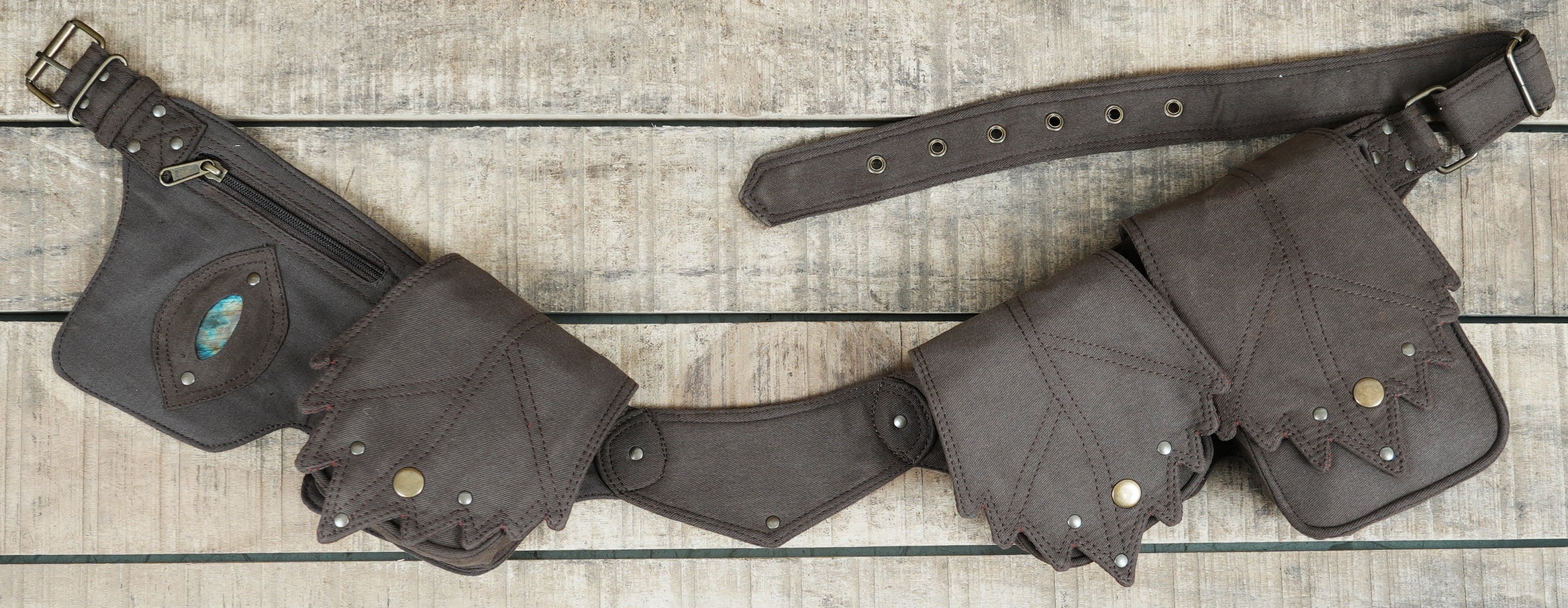 Black cotton waist pack with gemstone pocket and adjustable strap