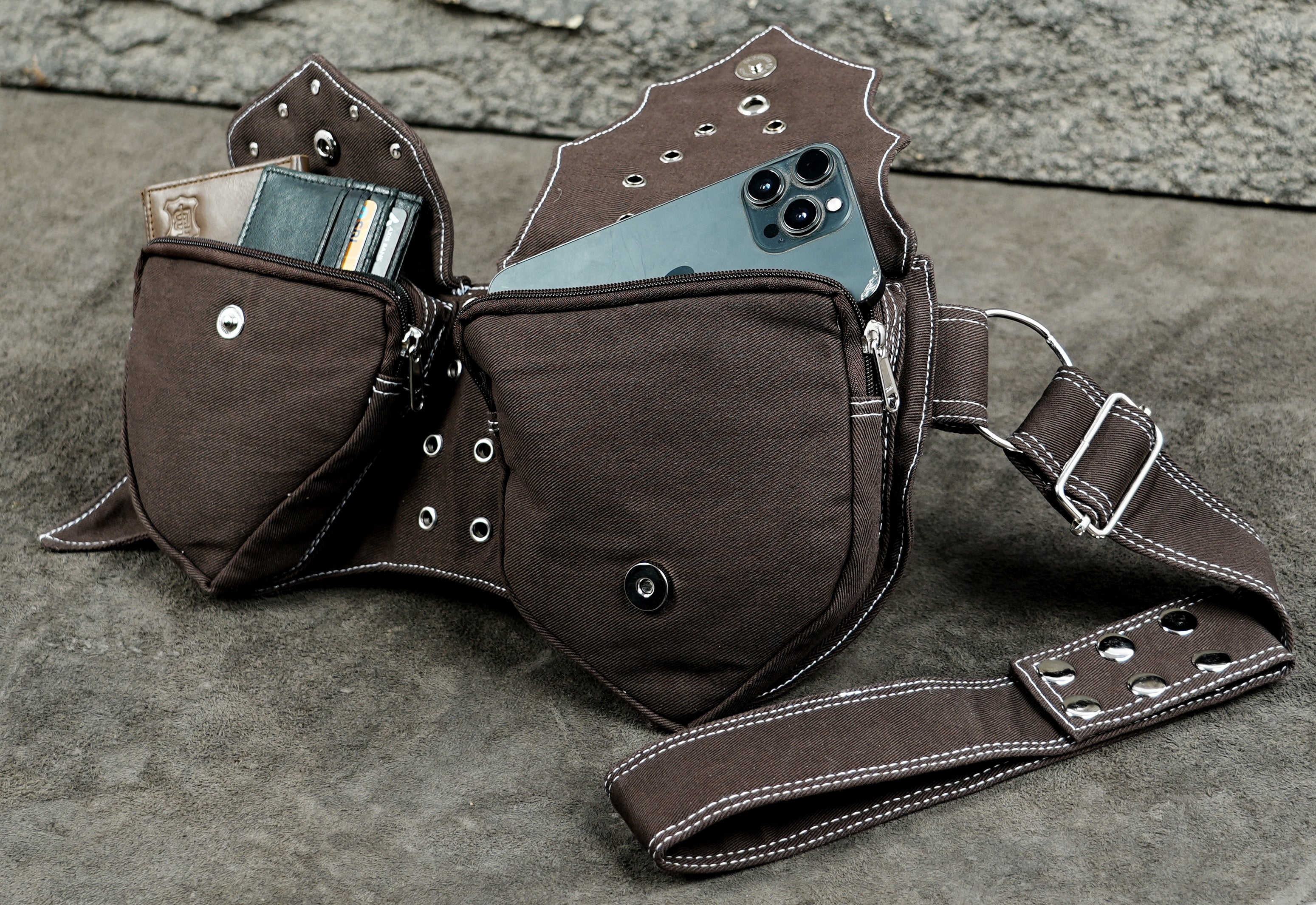 Brown cotton steampunk pocket belt for festivals and cosplay