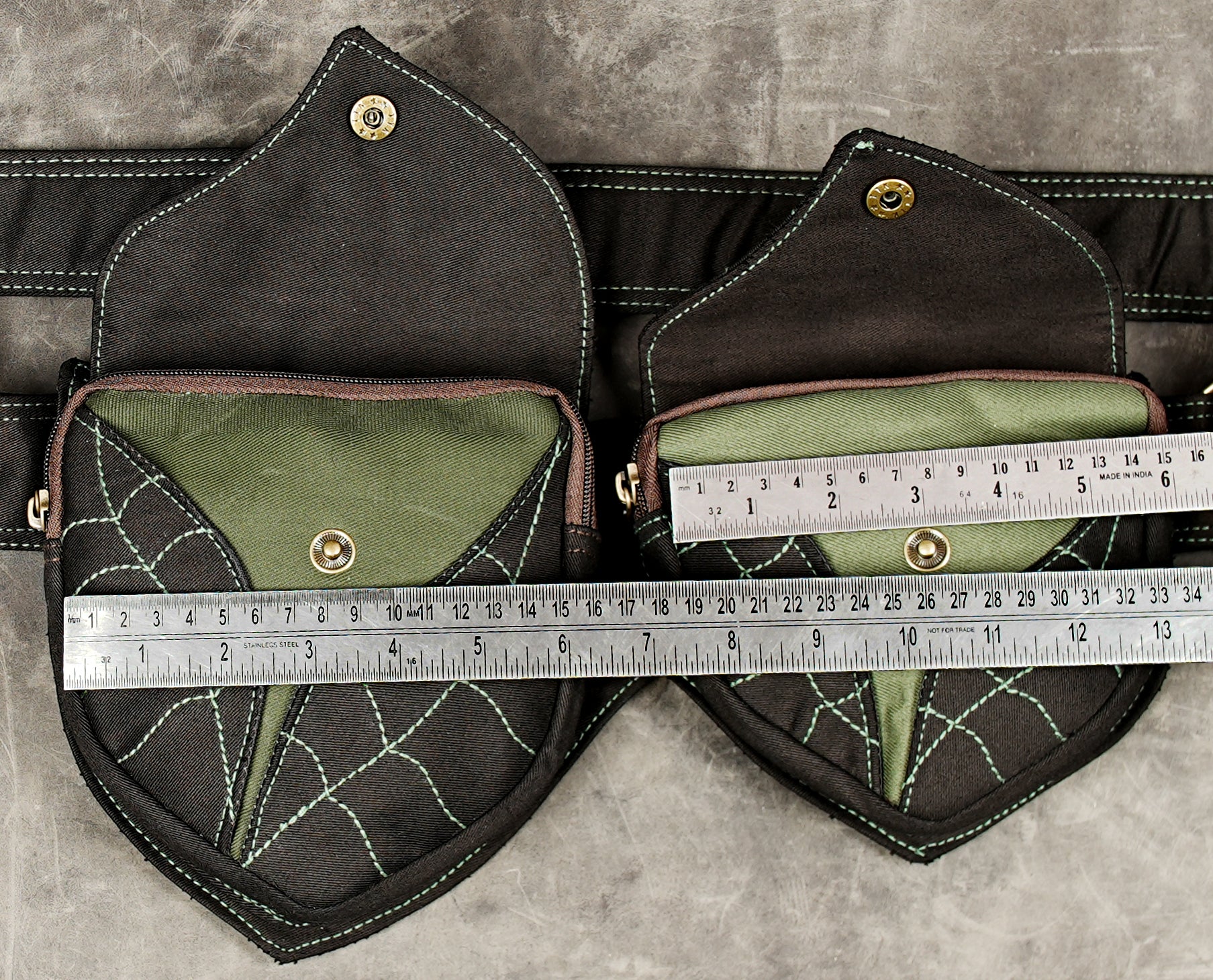 Bohemian waist pouch belt in black canvas with brown leaf panels and brass snap closures