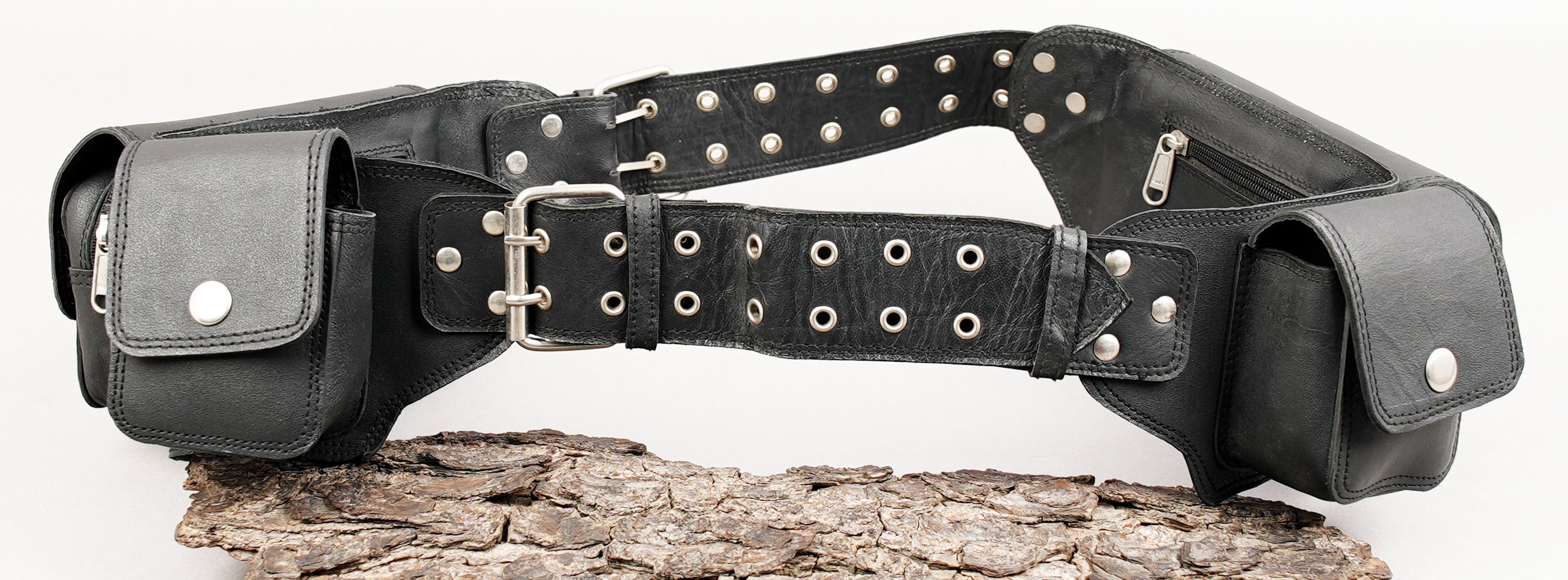 Leather waist belt bag with durable metal hardware