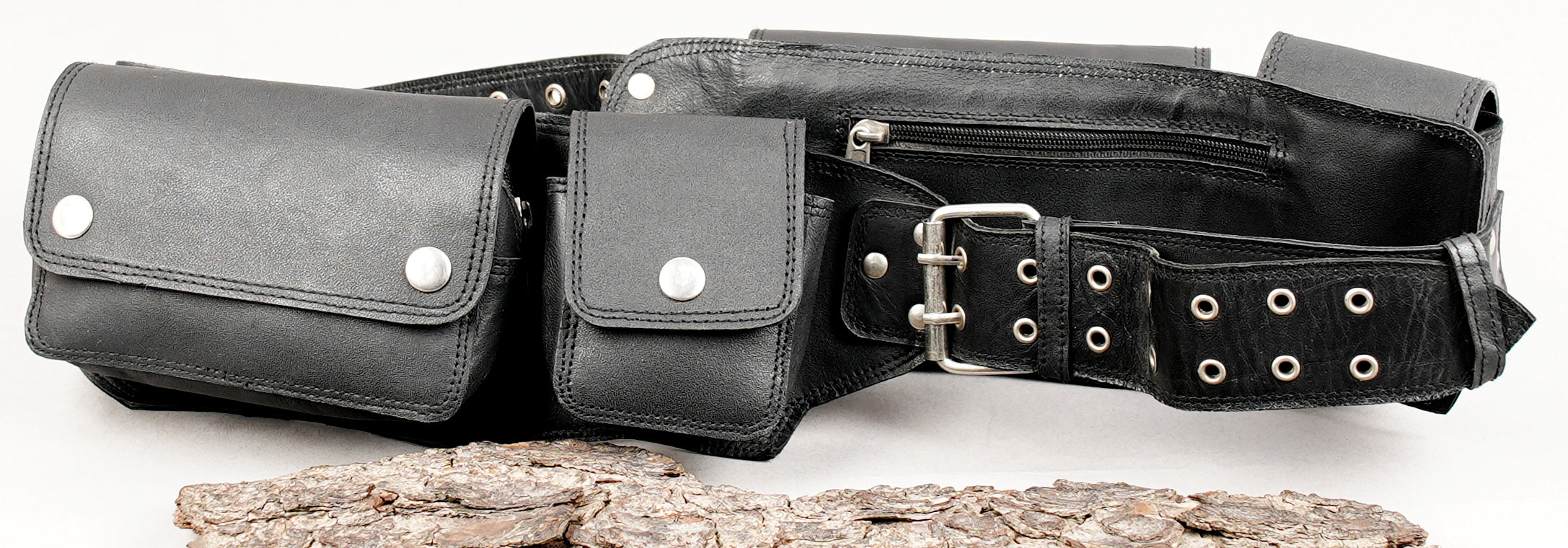 Multi-pocket leather waist belt for travel and festivals