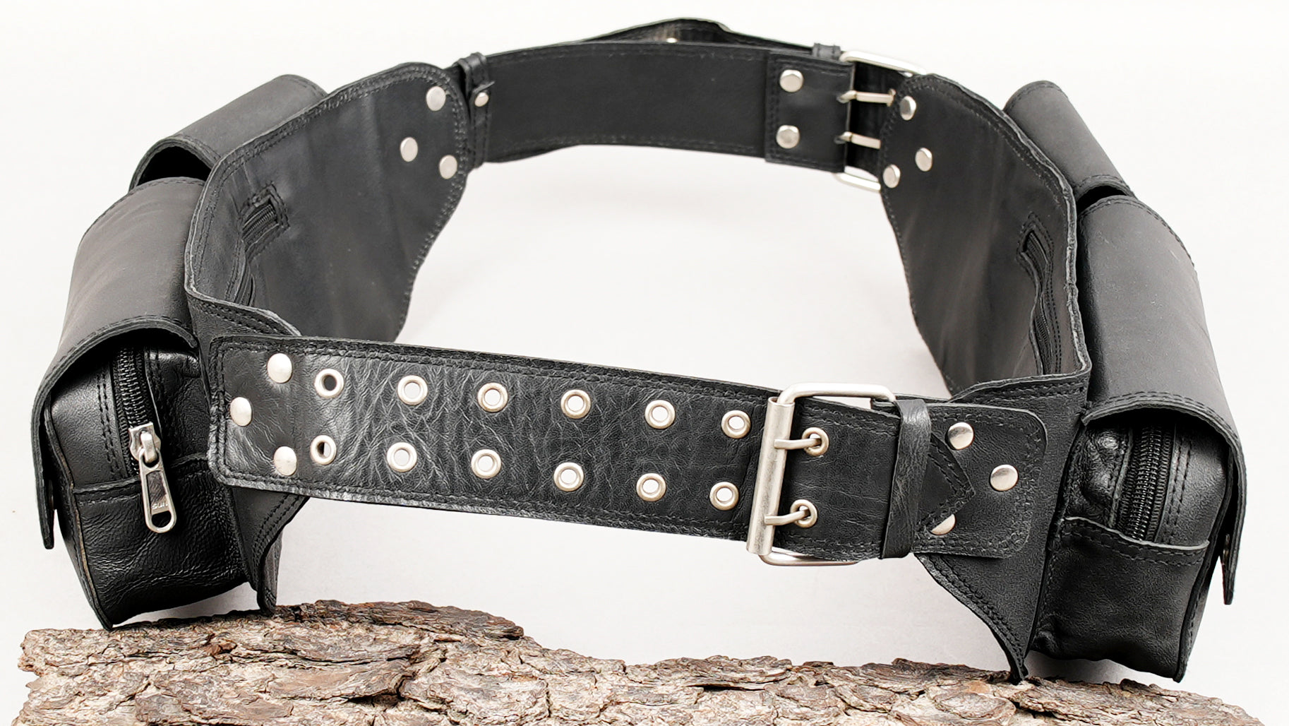 Handmade black leather waist belt with rugged construction