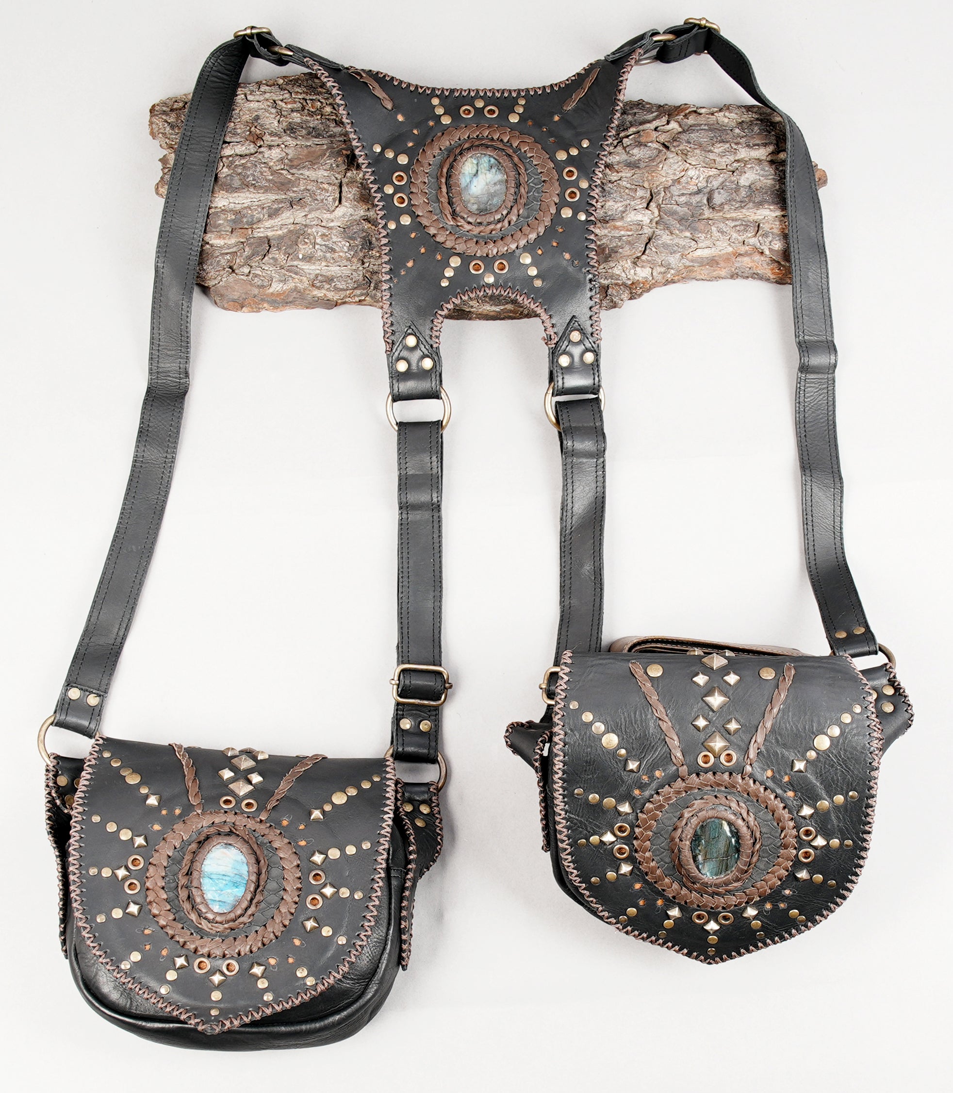 Adjustable leather holster with gemstone decorated flaps