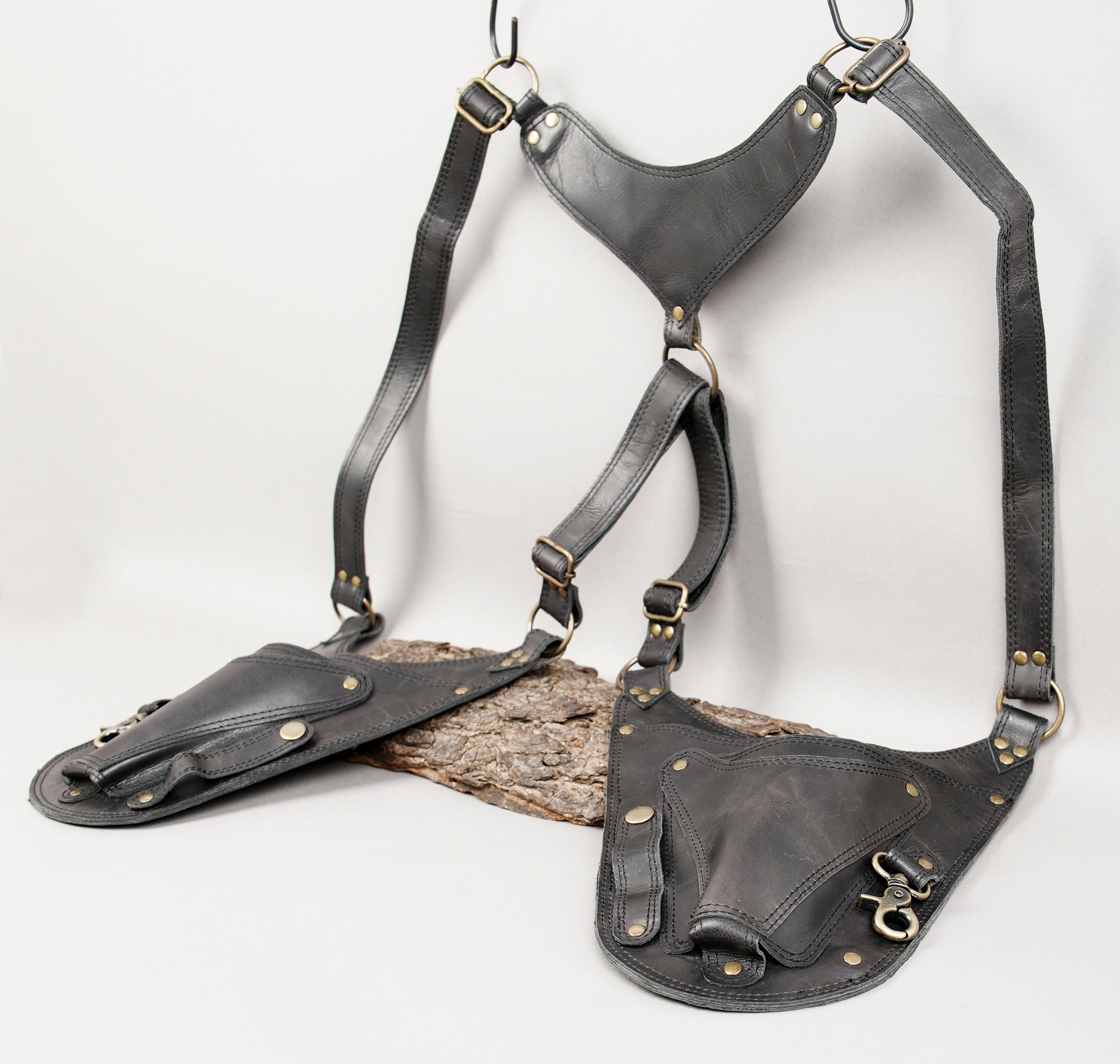 Steampunk style leather holster with brass hardware