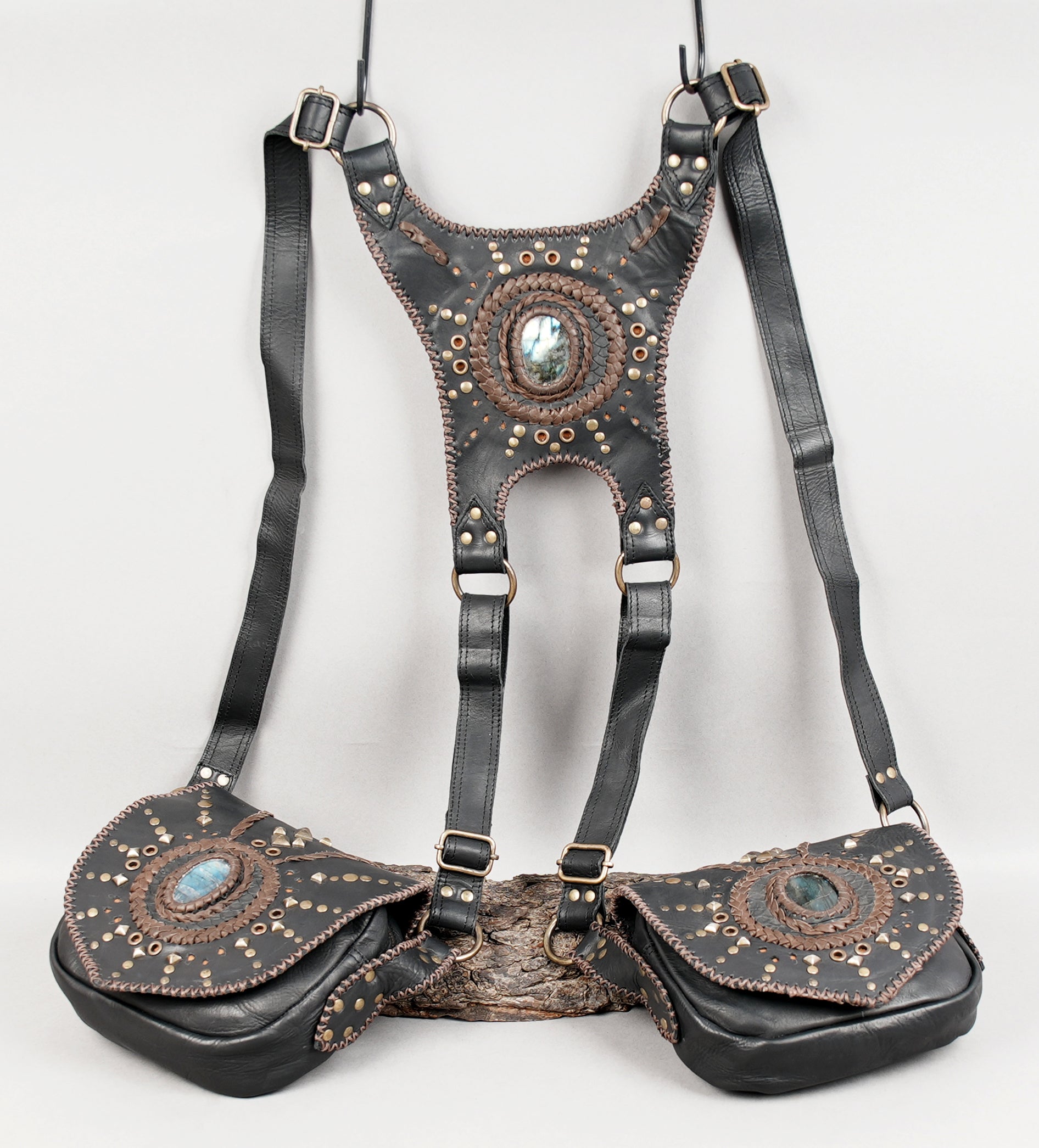 Black Leather Dual Holster Harness with Gemstone Inlay || Steampunk Leather Harness with Gem Decor and Dual Pouches (LT/AB/HLS/6098)