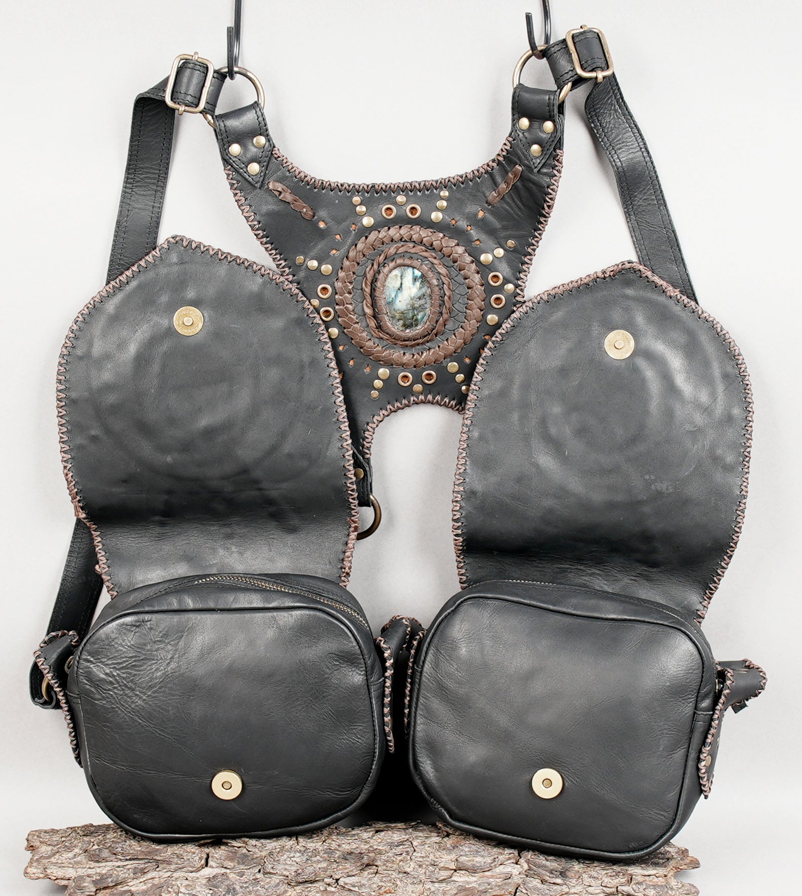 Gothic leather harness holster with handcrafted stitching