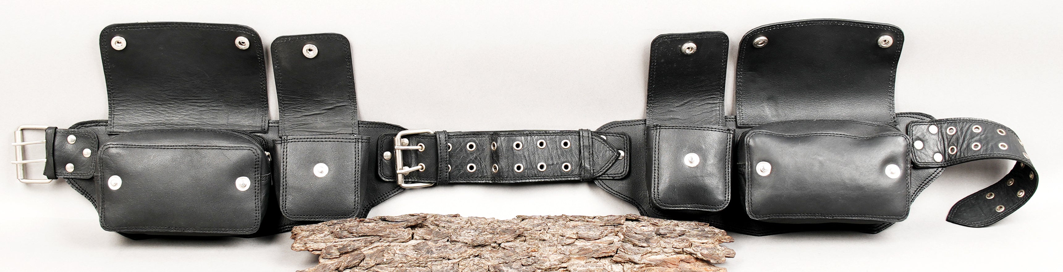 Adjustable leather waist belt with dual front pouches