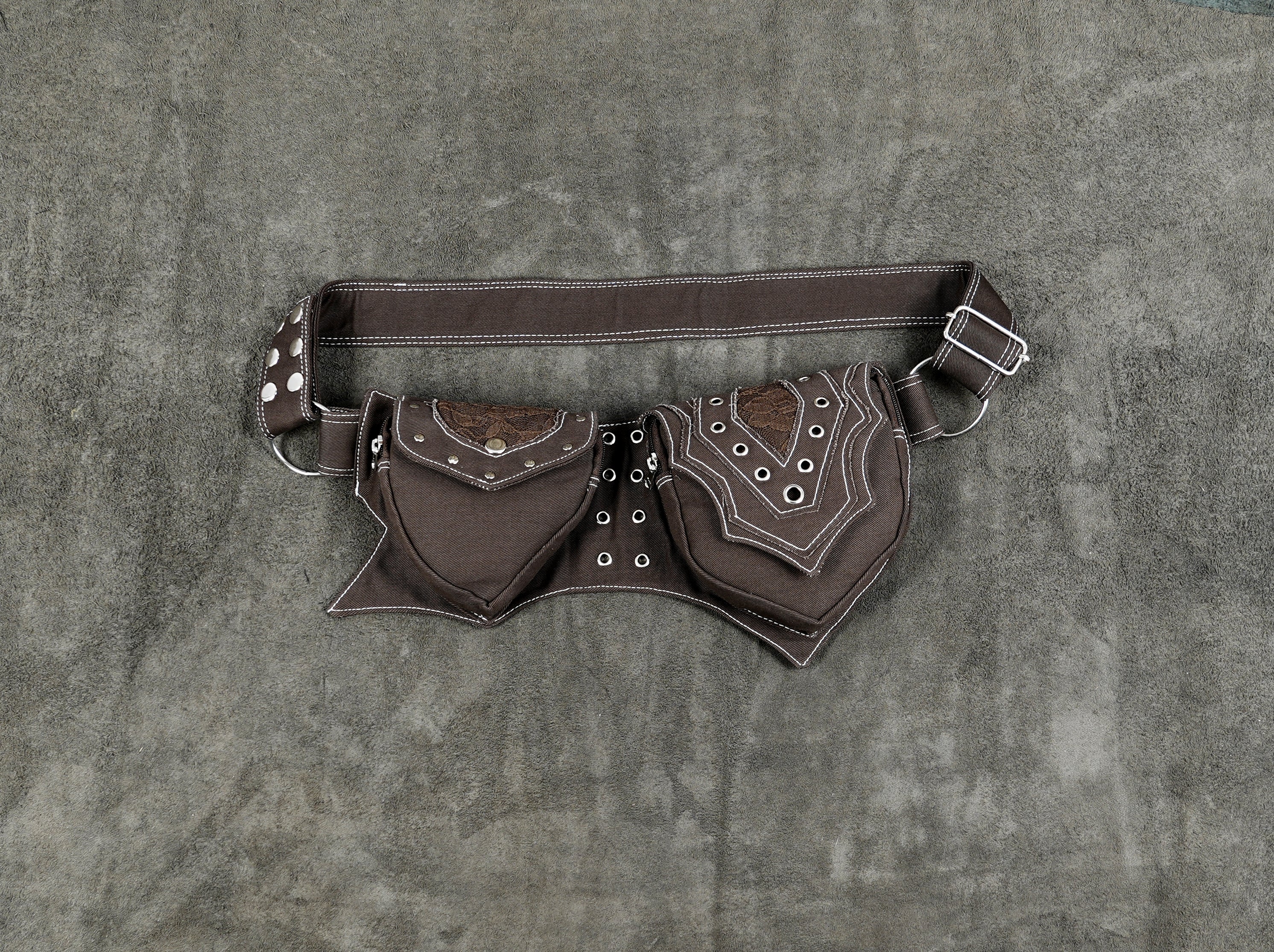 brown cotton hip pouch belt with lace detail pockets